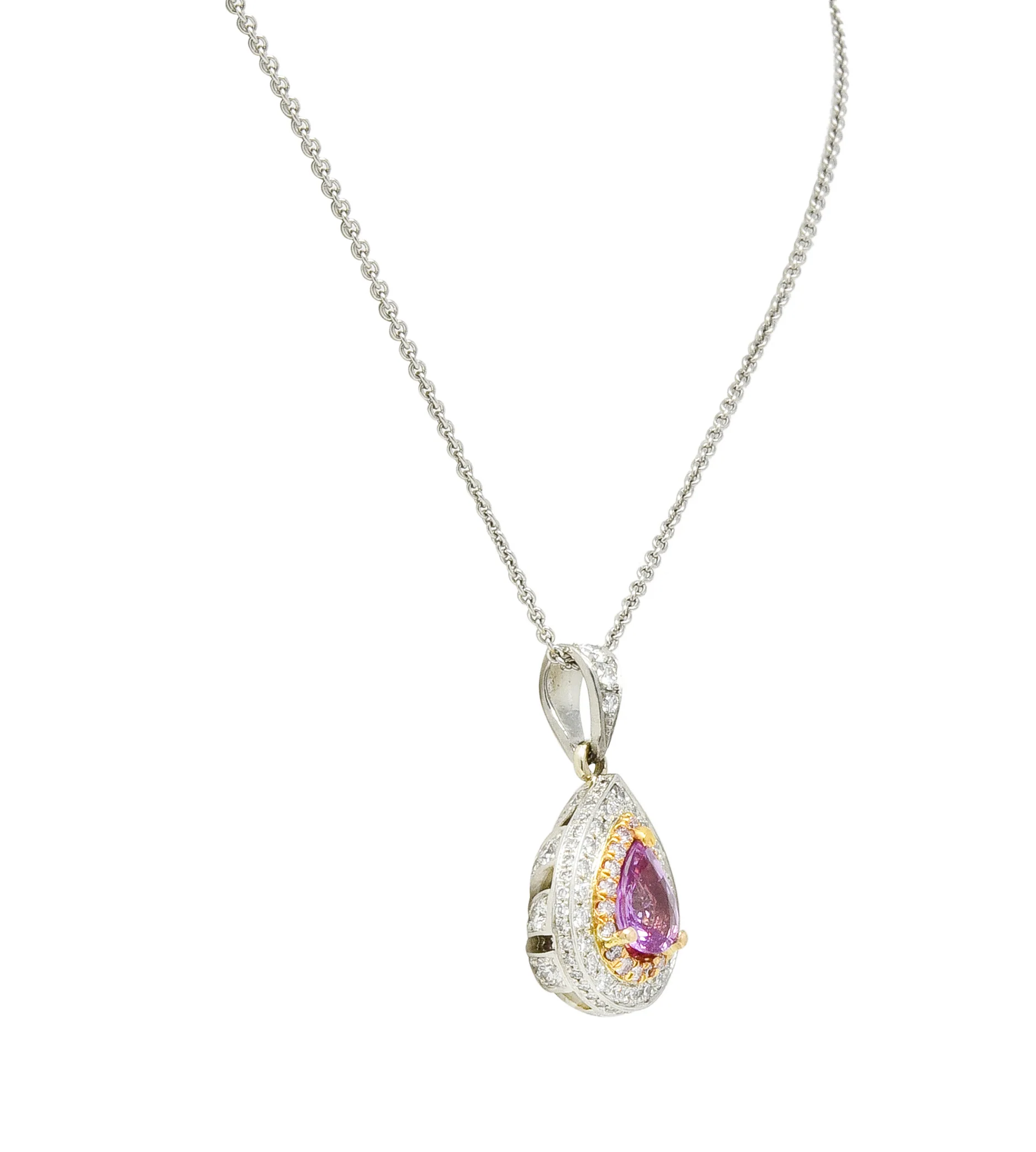 Charles Krypell Pink Sapphire Pink and White Diamond 18 Karat Two-Tone Gold Pear Drop Pendant - Image 3