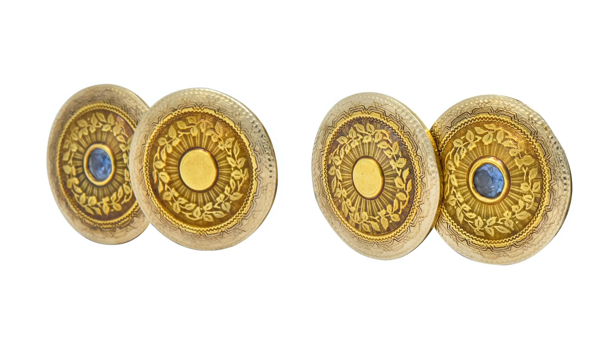 Chas. Keller Co. Sapphire 14 Karat Gold Men's Art Deco Disk Cufflinks - Image 2