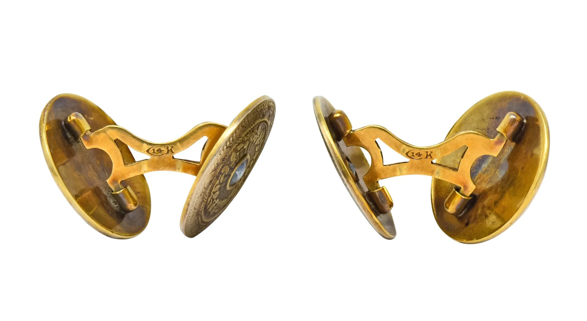 Chas. Keller Co. Sapphire 14 Karat Gold Men's Art Deco Disk Cufflinks - Image 4
