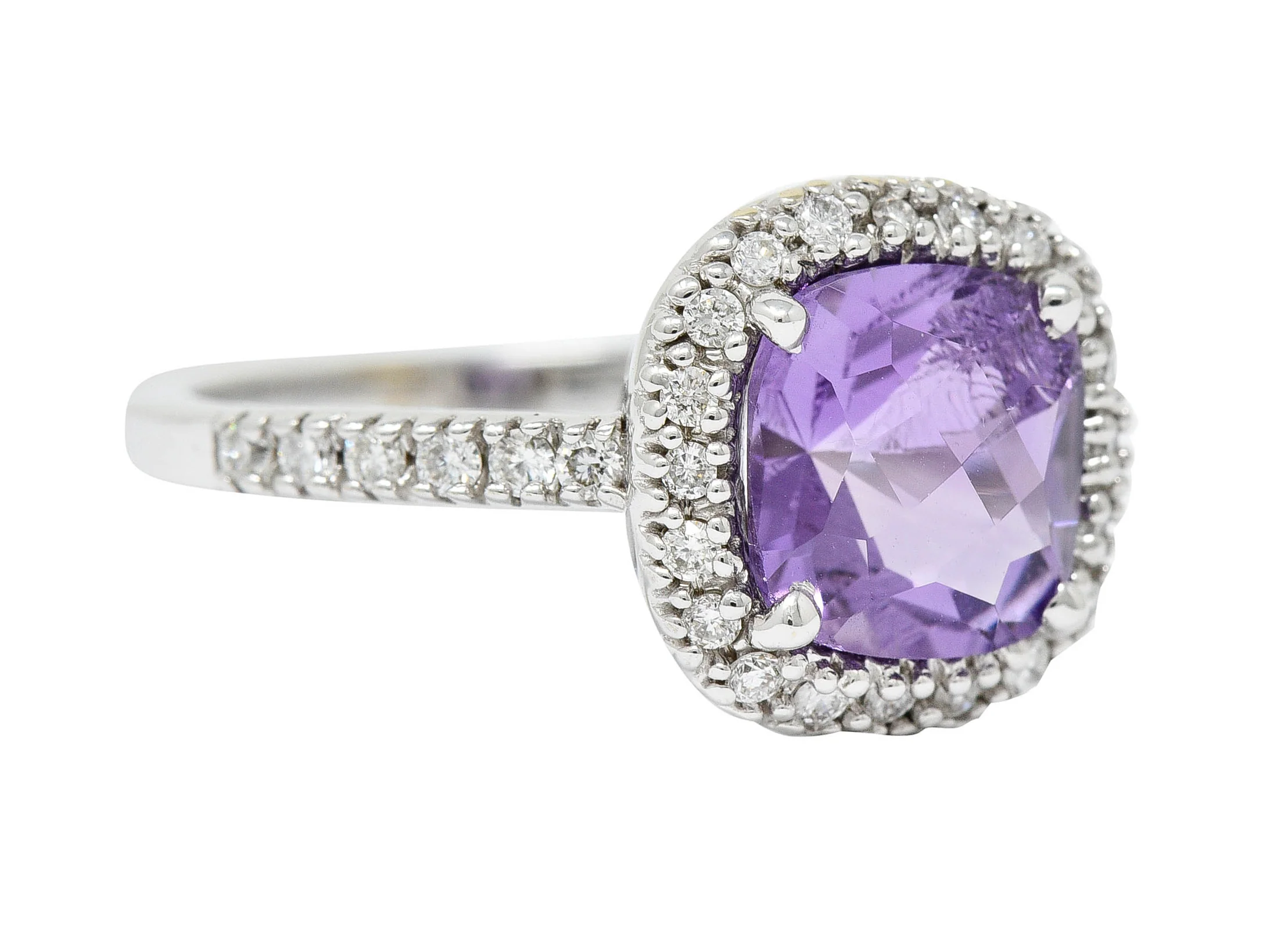 Checkerboard Amethyst Diamond Halo 18 Karat White Gold Gemstone Ring - Image 2