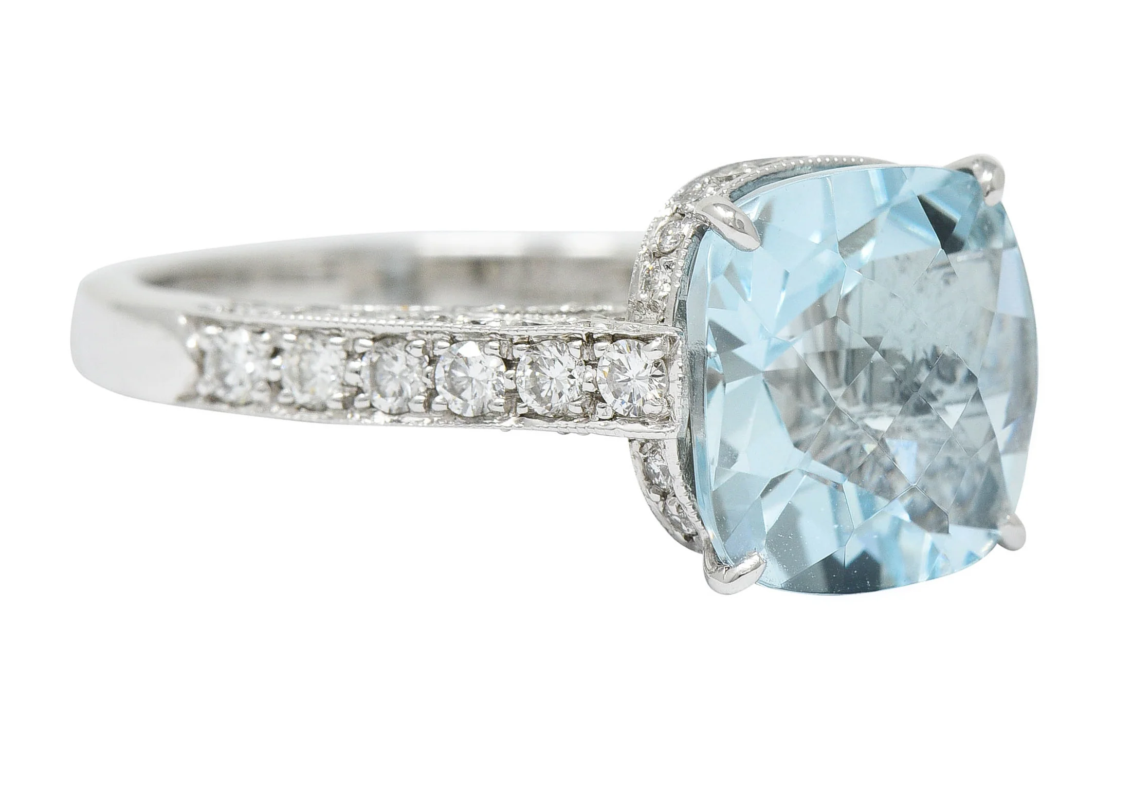 Checkerboard Cushion Cut 5.95 CTW Aquamarine Diamond Platinum Cocktail Ring - Image 2