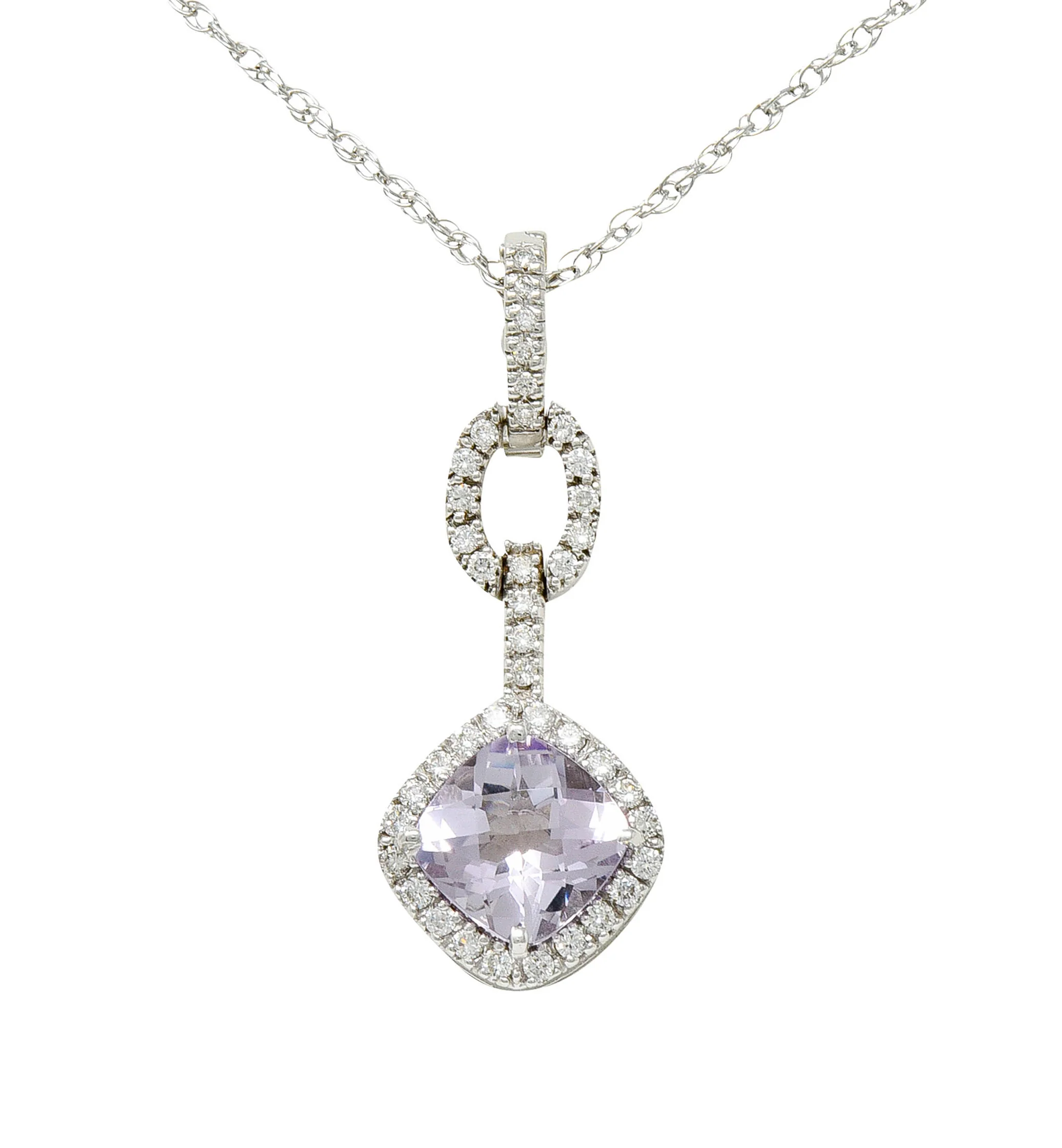 Checkerboard Cut Amethyst Diamond 18 Karat White Gold Enhancer Pendant Necklace - Image 10