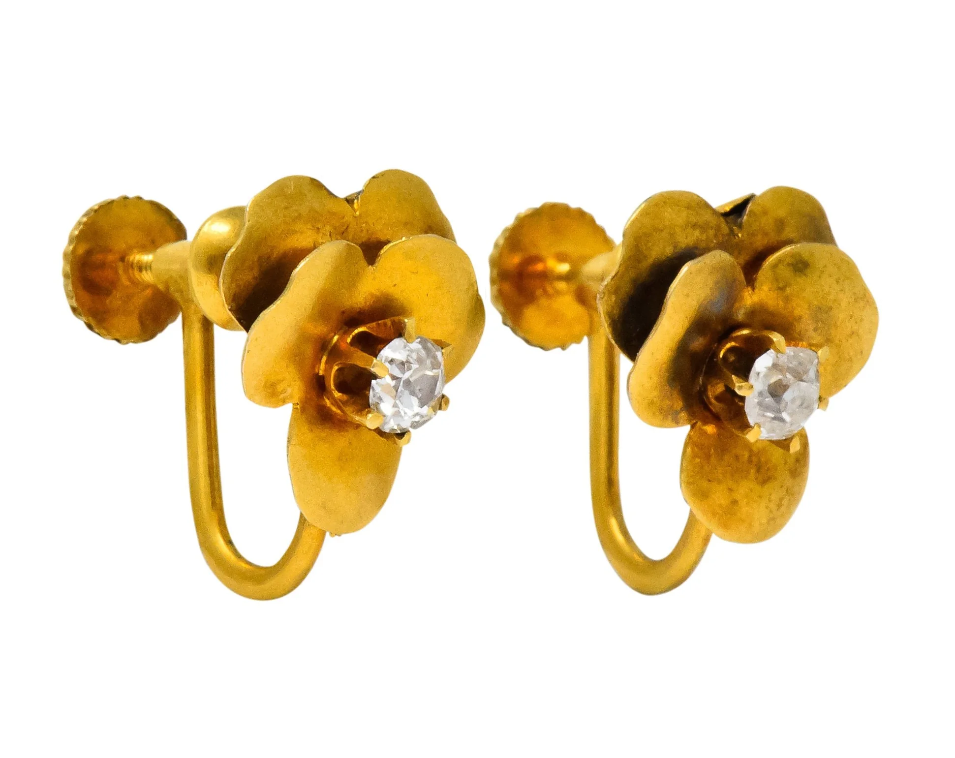 Church & Company Retro Diamond 14 Karat Gold Pansy Flower Earrings - Image 3