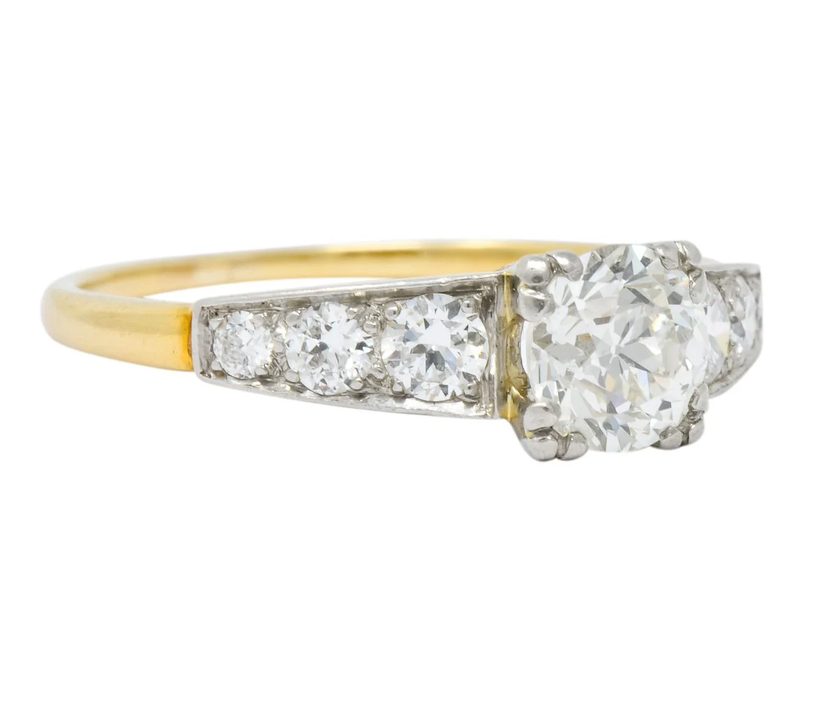 Circa 1910 Edwardian 0.89 CTW Diamond Platinum-Topped 14 Karat Gold Engagement Ring - Image 2