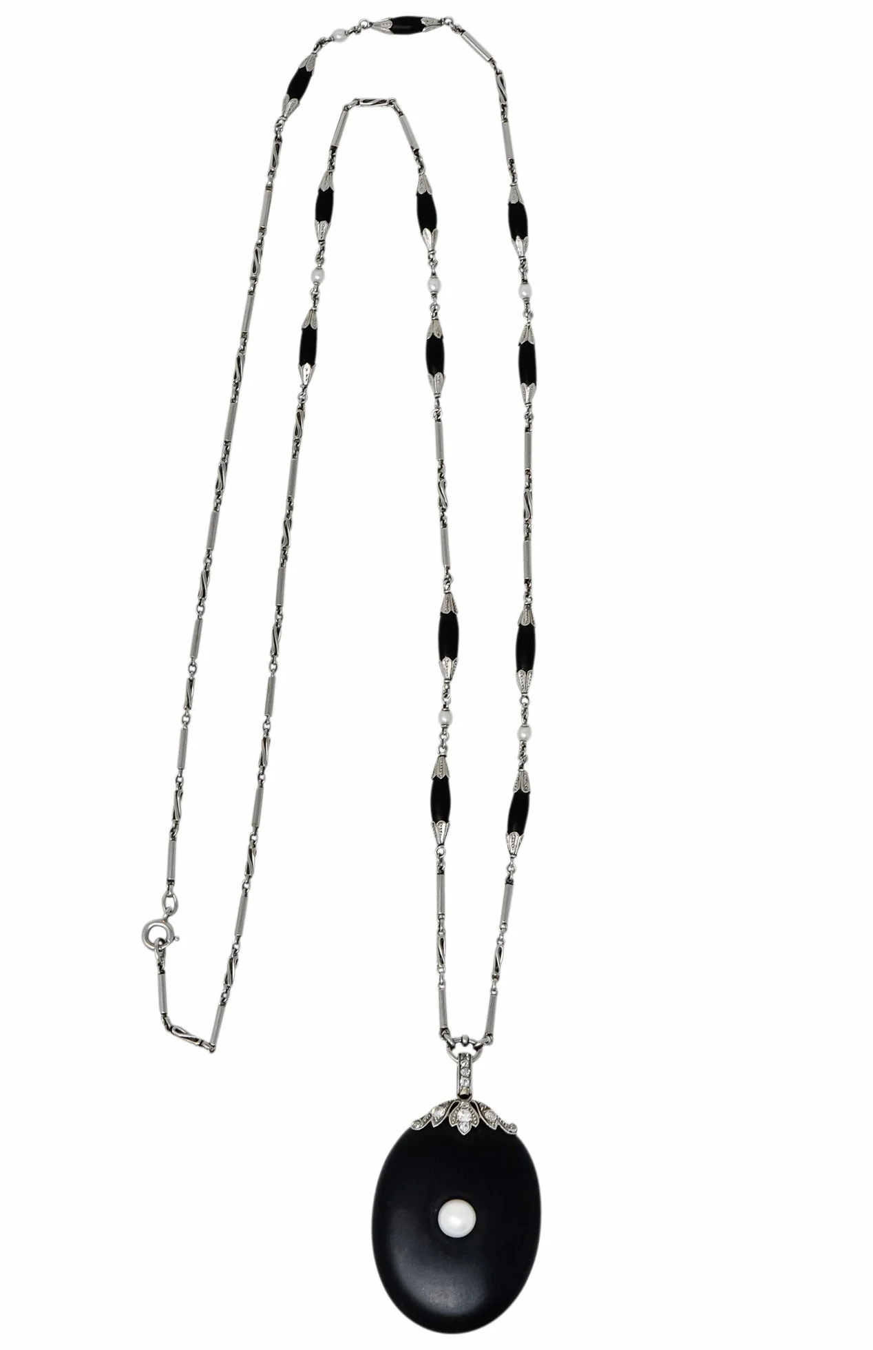 Circa 1910 Edwardian Diamond Natural Pearl Onyx Platinum Long Chain Necklace - Image 11