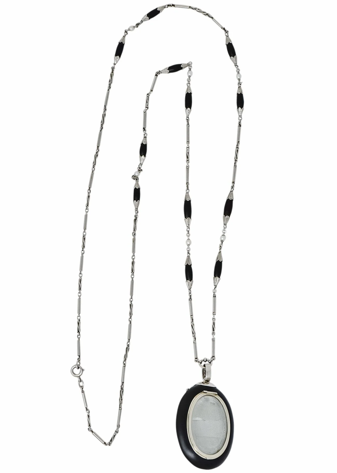 Circa 1910 Edwardian Diamond Natural Pearl Onyx Platinum Long Chain Necklace - Image 12