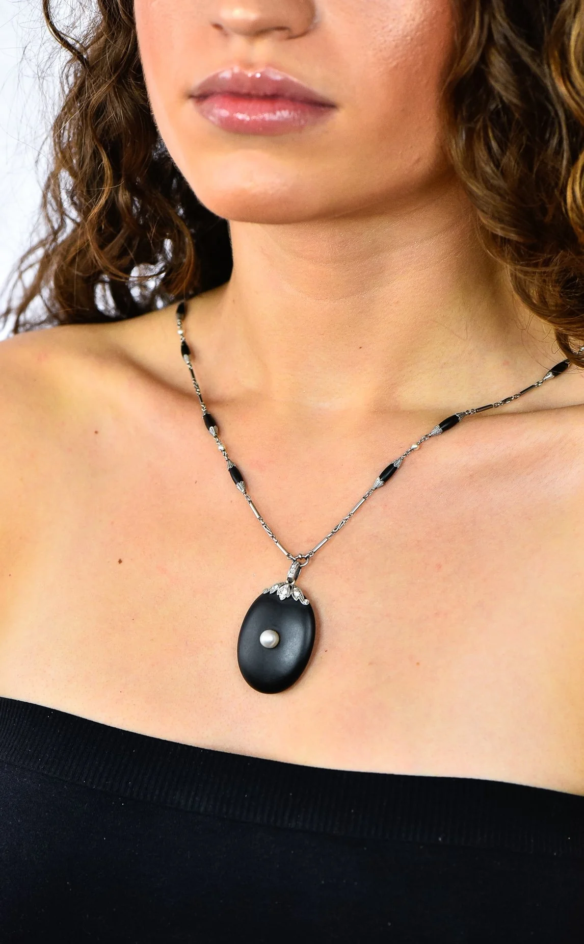 Circa 1910 Edwardian Diamond Natural Pearl Onyx Platinum Long Chain Necklace - Image 14
