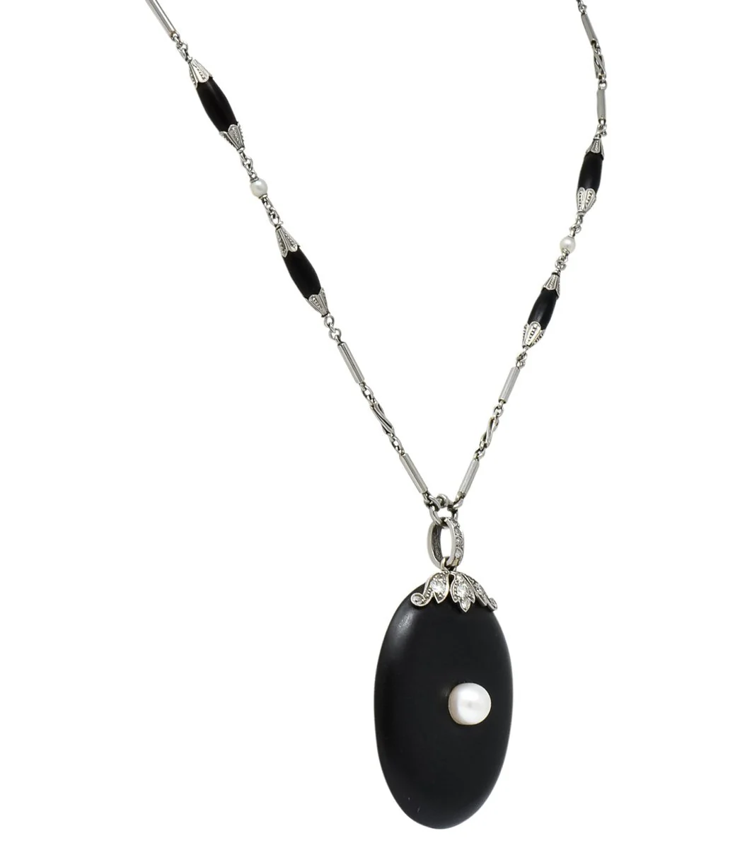 Circa 1910 Edwardian Diamond Natural Pearl Onyx Platinum Long Chain Necklace - Image 6