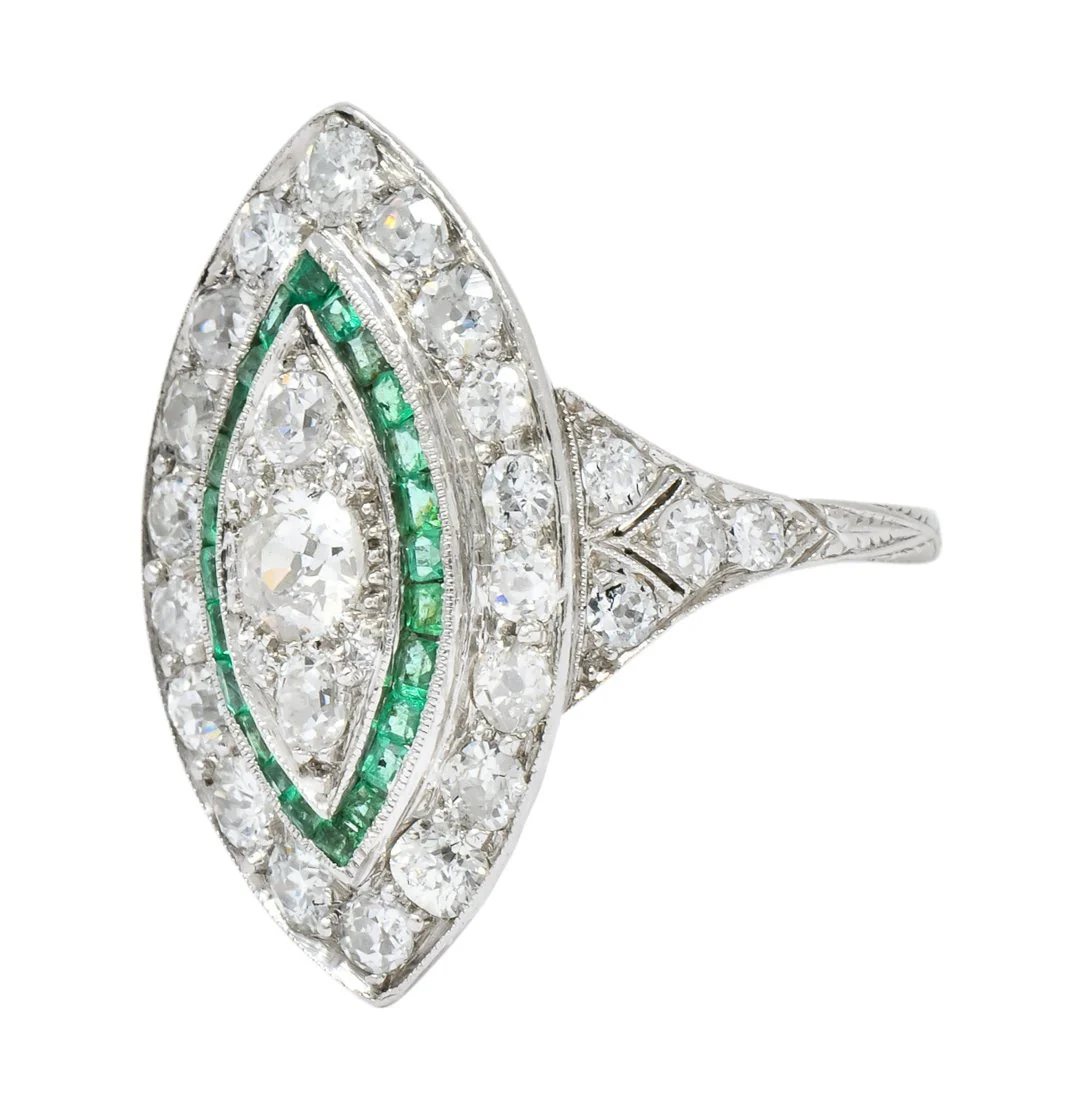 Circa 1915 Edwardian 2.95 CTW Diamond Emerald Platinum Dinner Ring - Image 5