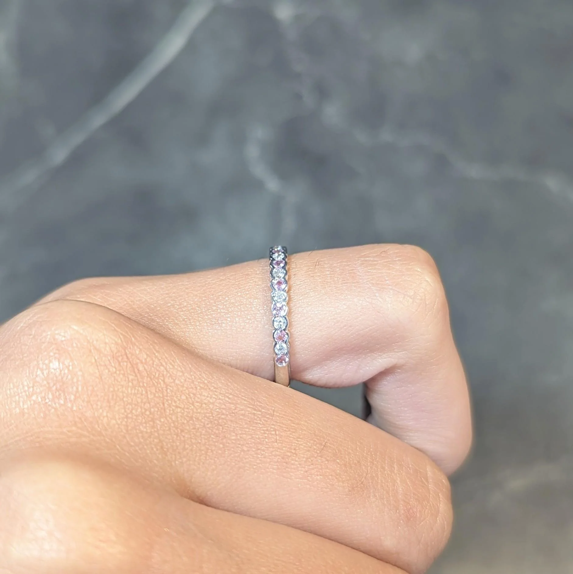 Contemporary 0.60 CTW Diamond Pink Sapphire 18 Karat White Gold Stacking Band Ring - Image 12