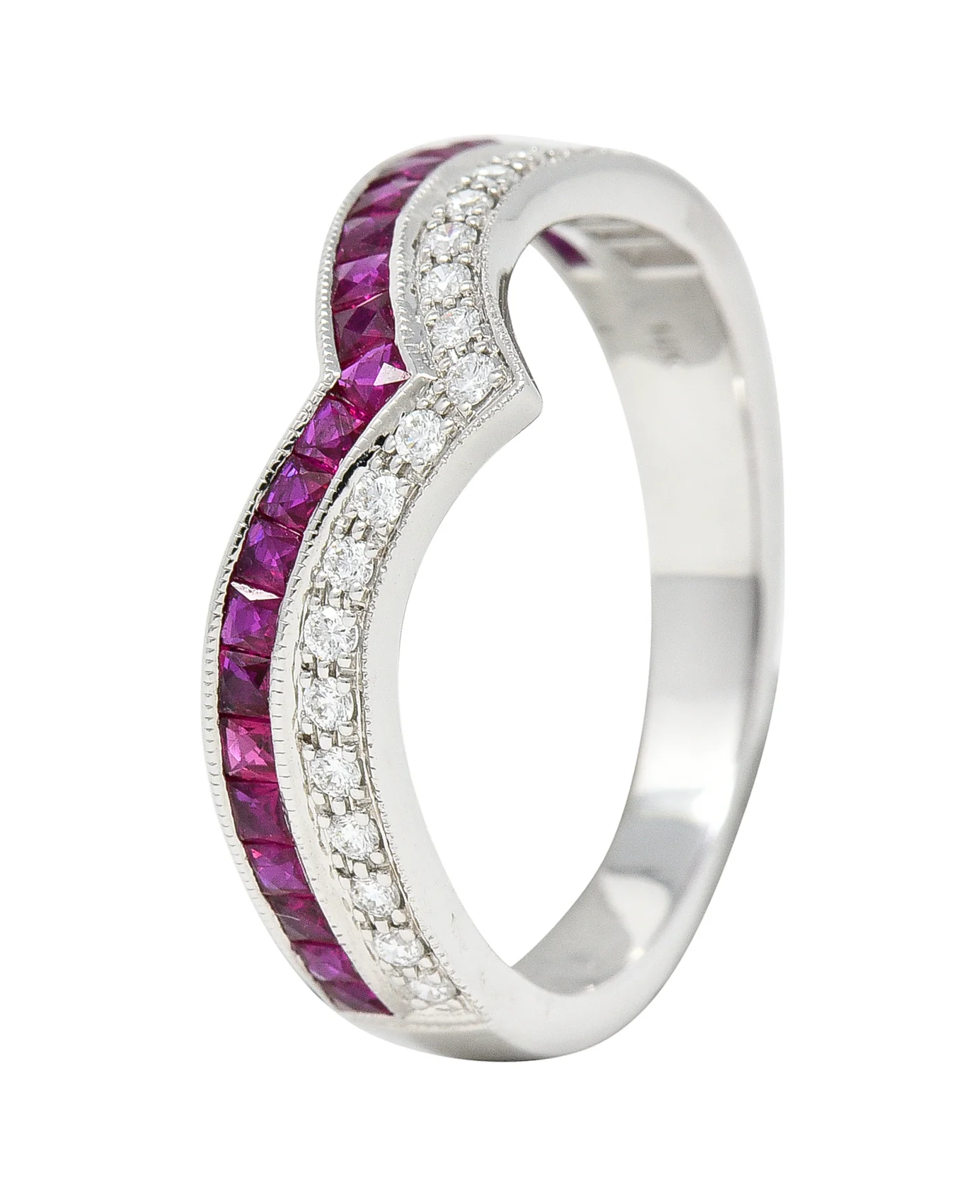 Contemporary 0.69 CTW French Cut Ruby Diamond 14 Karat White Gold Chevron Contour Band Ring - Image 8