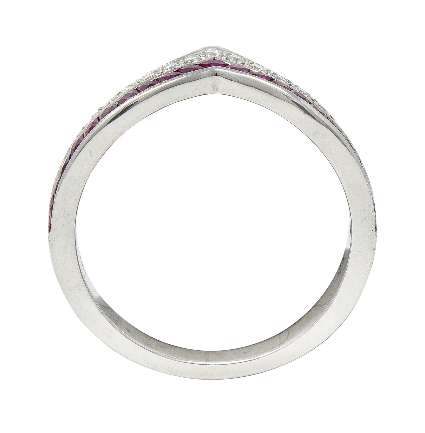 Contemporary 0.69 CTW French Cut Ruby Diamond 14 Karat White Gold Chevron Contour Band Ring - Image 9