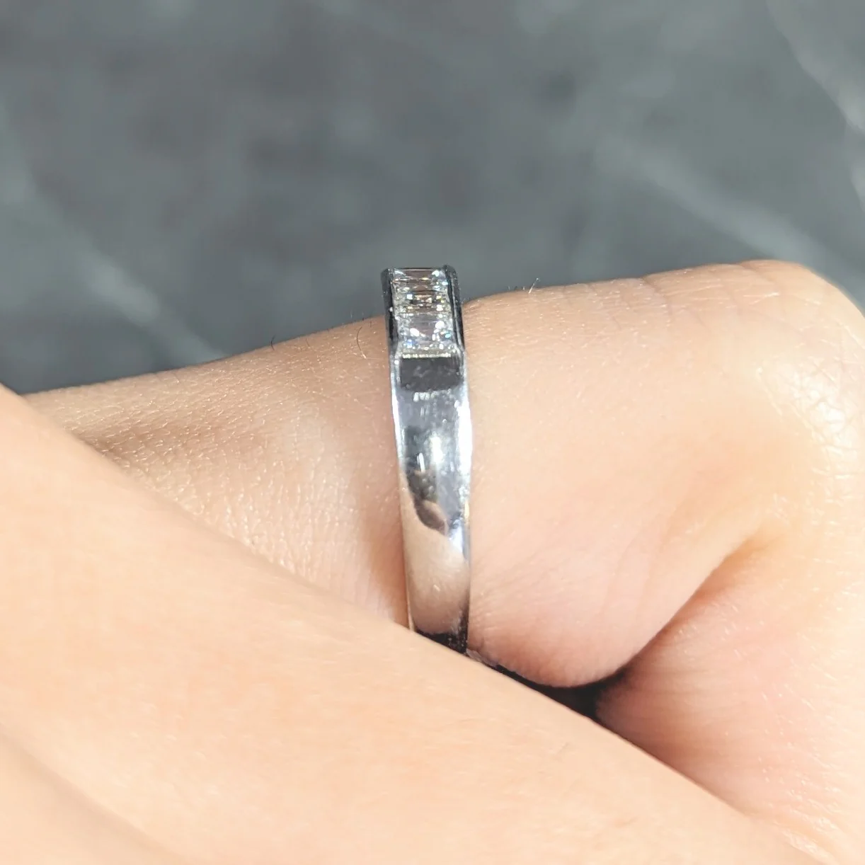Contemporary 0.72 CTW Square Step Cut Diamond Platinum Five Stone Channel Band Ring - Image 12