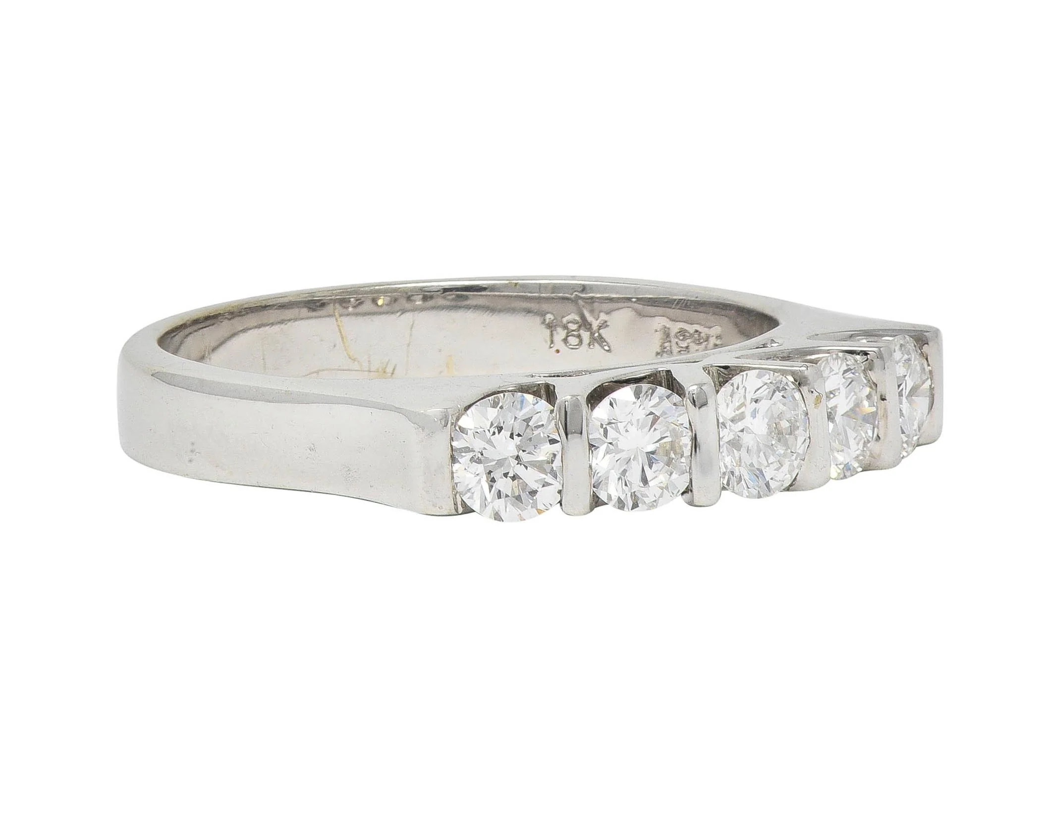 Contemporary 0.75 CTW Diamond 18 Karat White Gold Five Stone Wedding Band Ring - Image 2