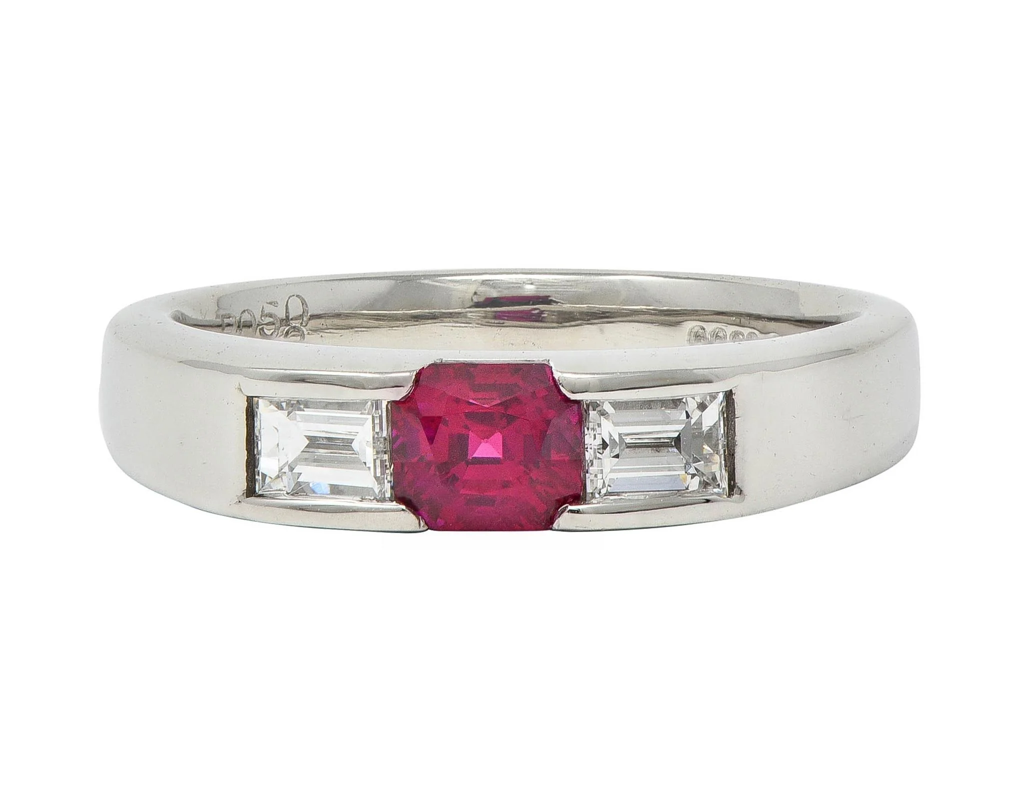Contemporary 0.82 CTW Ruby Diamond Platinum Three Stone Ring