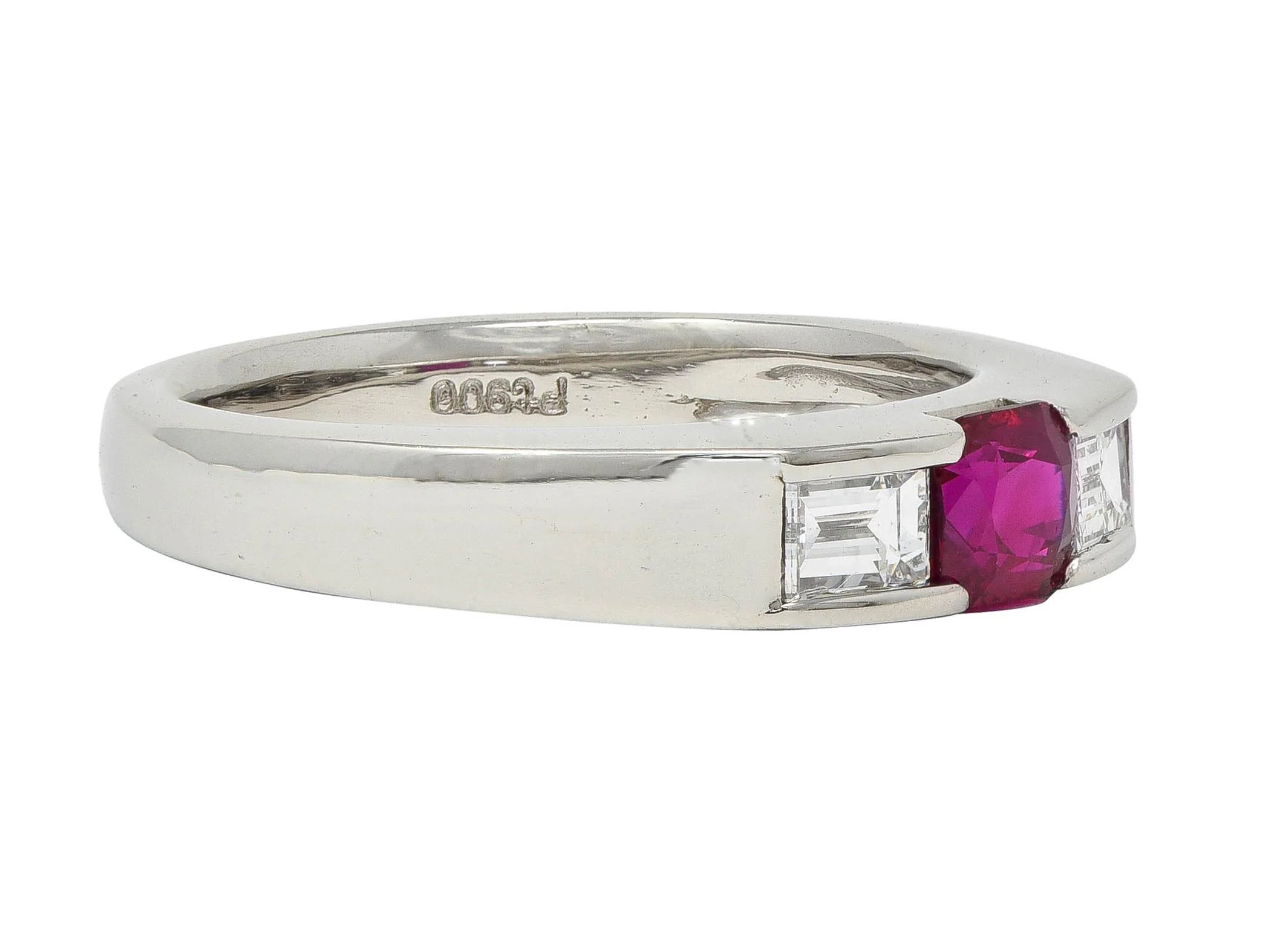 Contemporary 0.82 CTW Ruby Diamond Platinum Three Stone Ring - Image 2