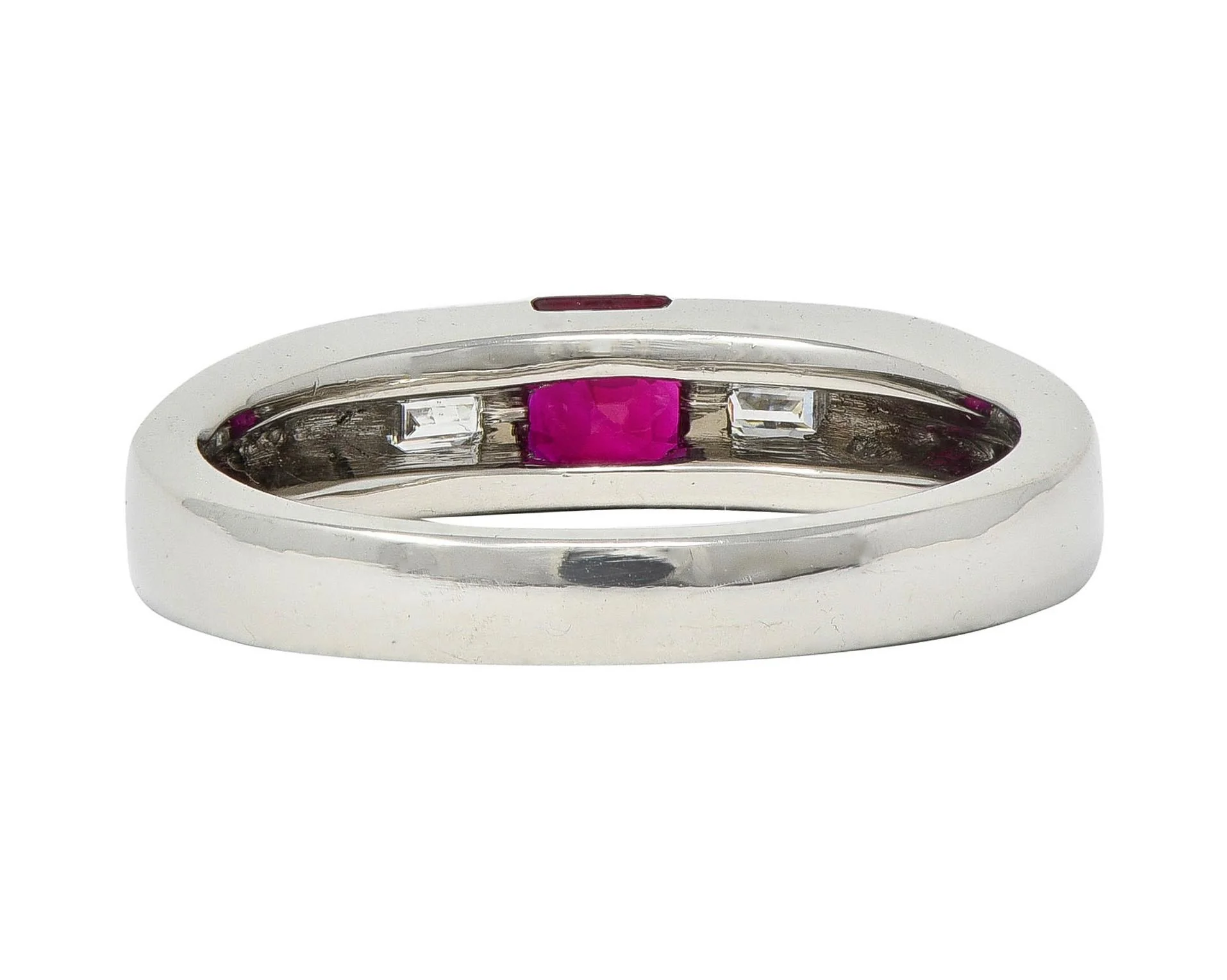 Contemporary 0.82 CTW Ruby Diamond Platinum Three Stone Ring - Image 3