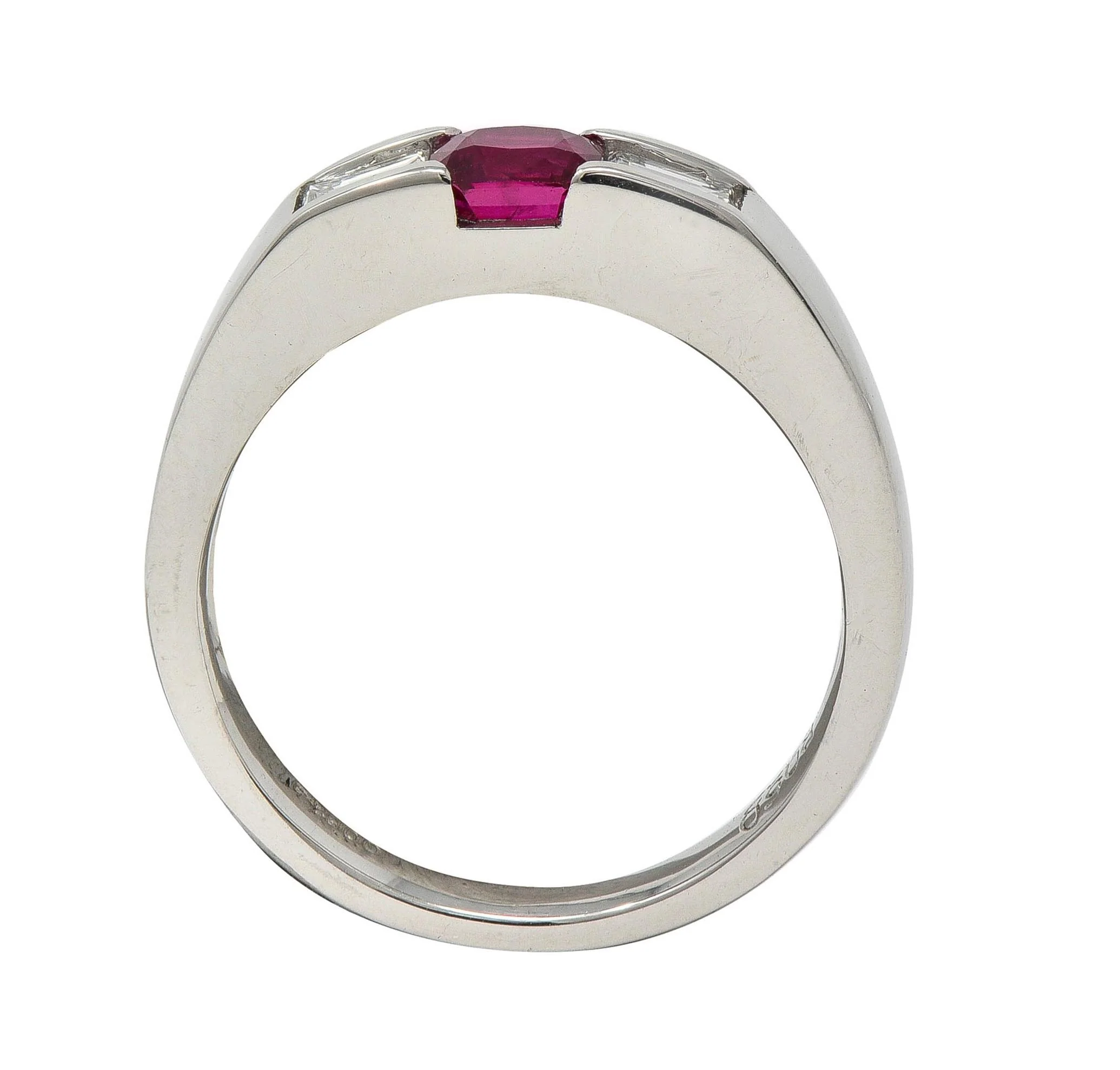 Contemporary 0.82 CTW Ruby Diamond Platinum Three Stone Ring - Image 7