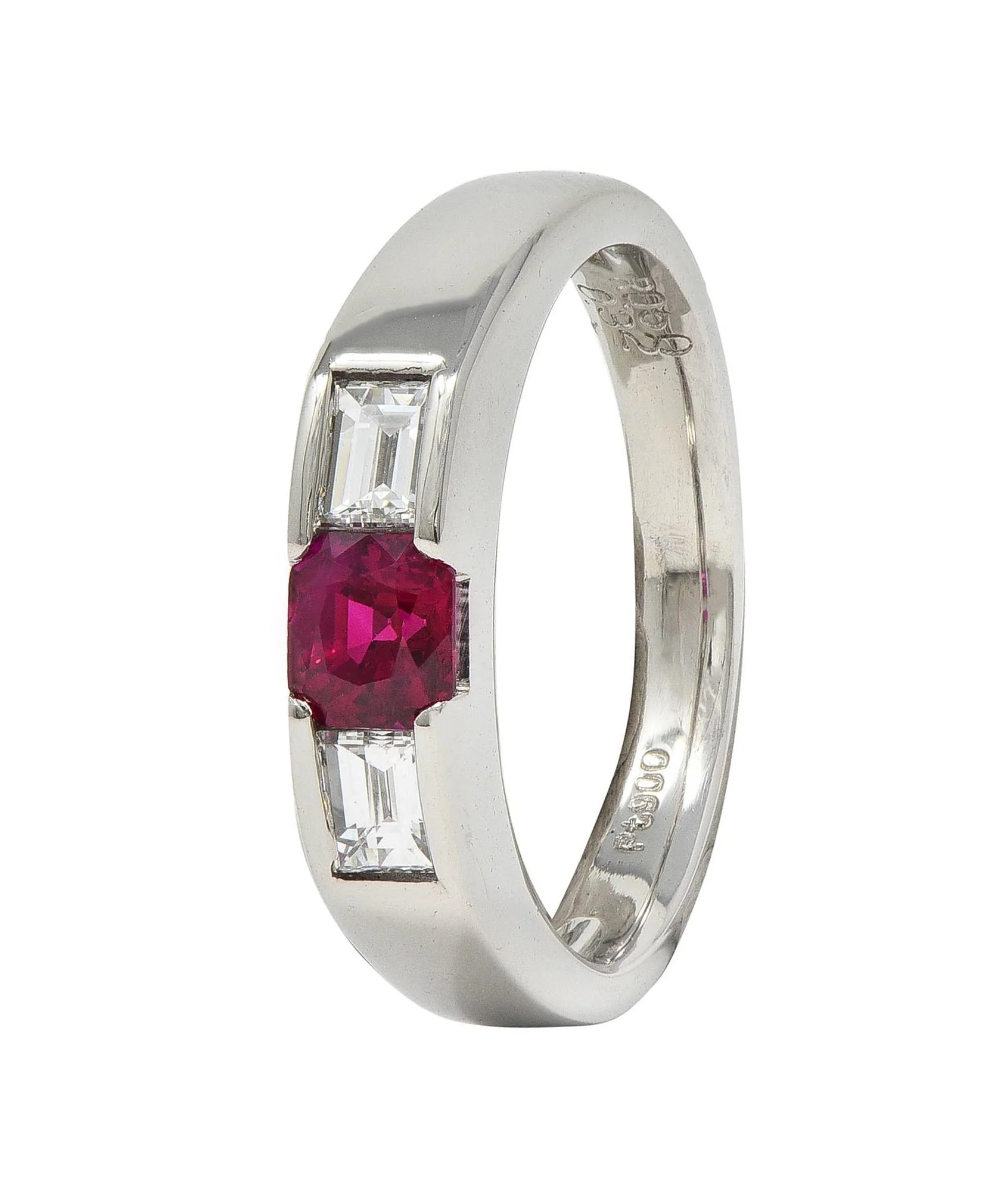 Contemporary 0.82 CTW Ruby Diamond Platinum Three Stone Ring - Image 8