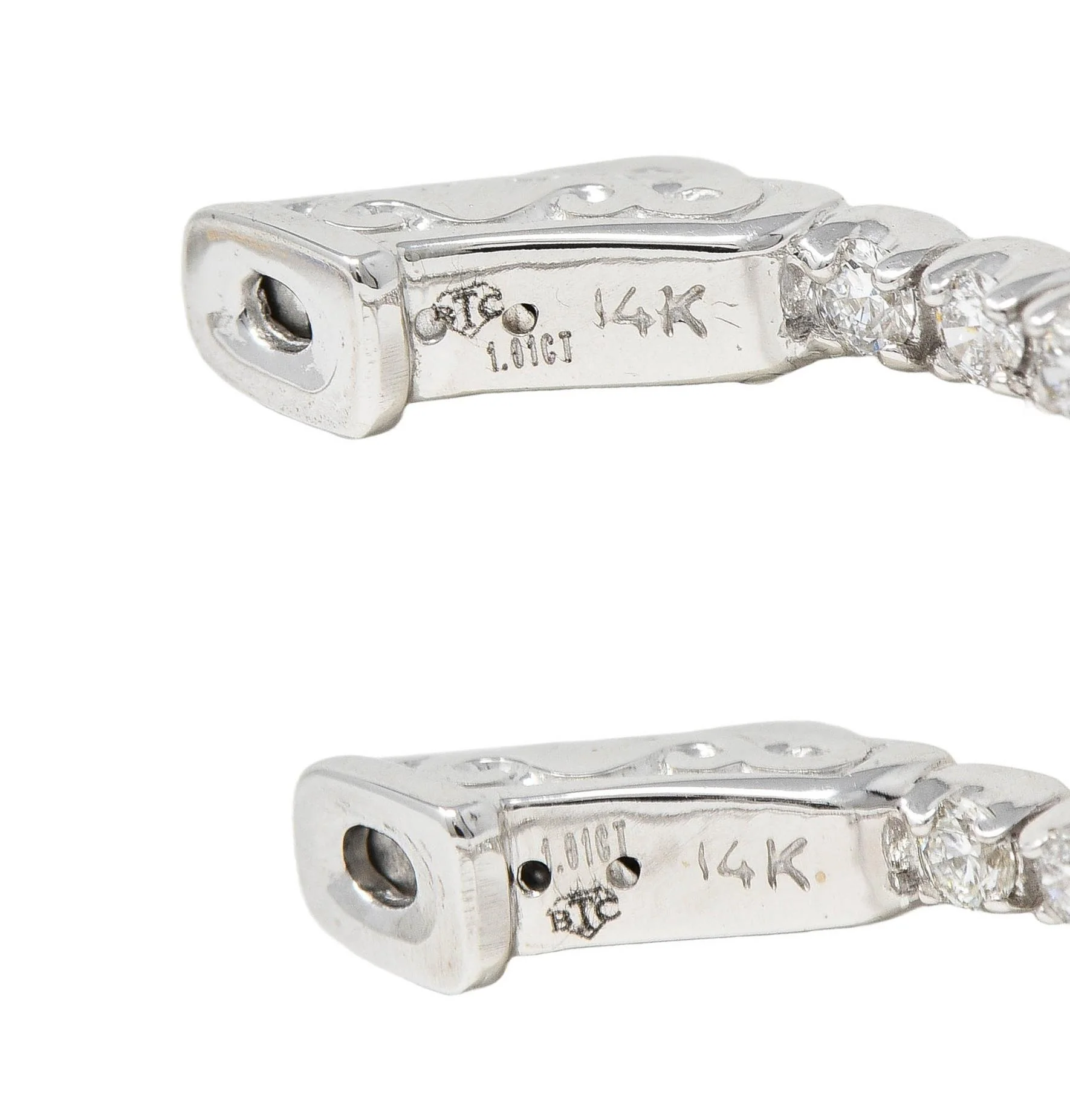 Contemporary 1.01 CTW Diamond 14 Karat White Gold Inside Outside Hoop Earrings - Image 6