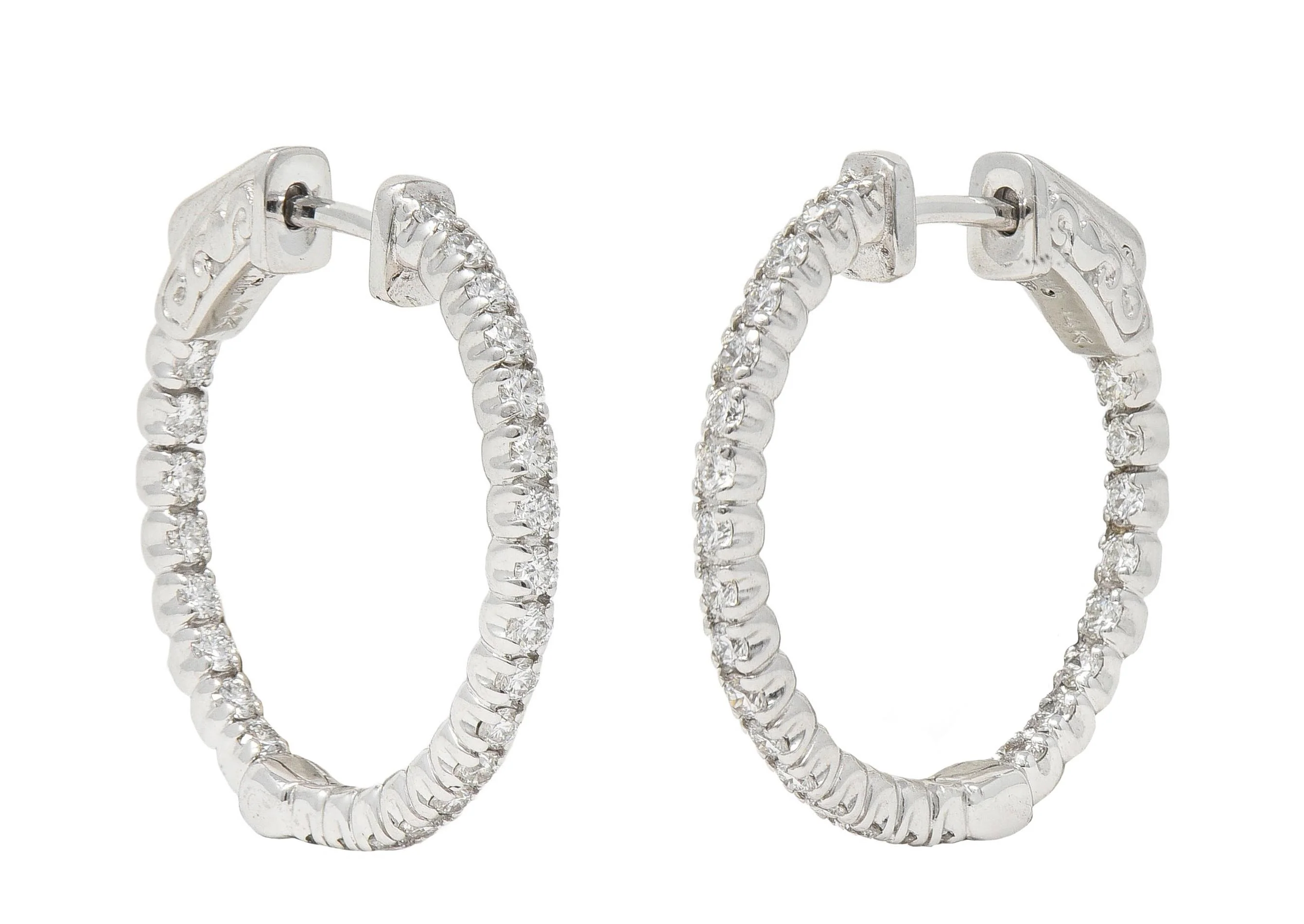 Contemporary 1.01 CTW Diamond 14 Karat White Gold Inside Outside Hoop Earrings - Image 7