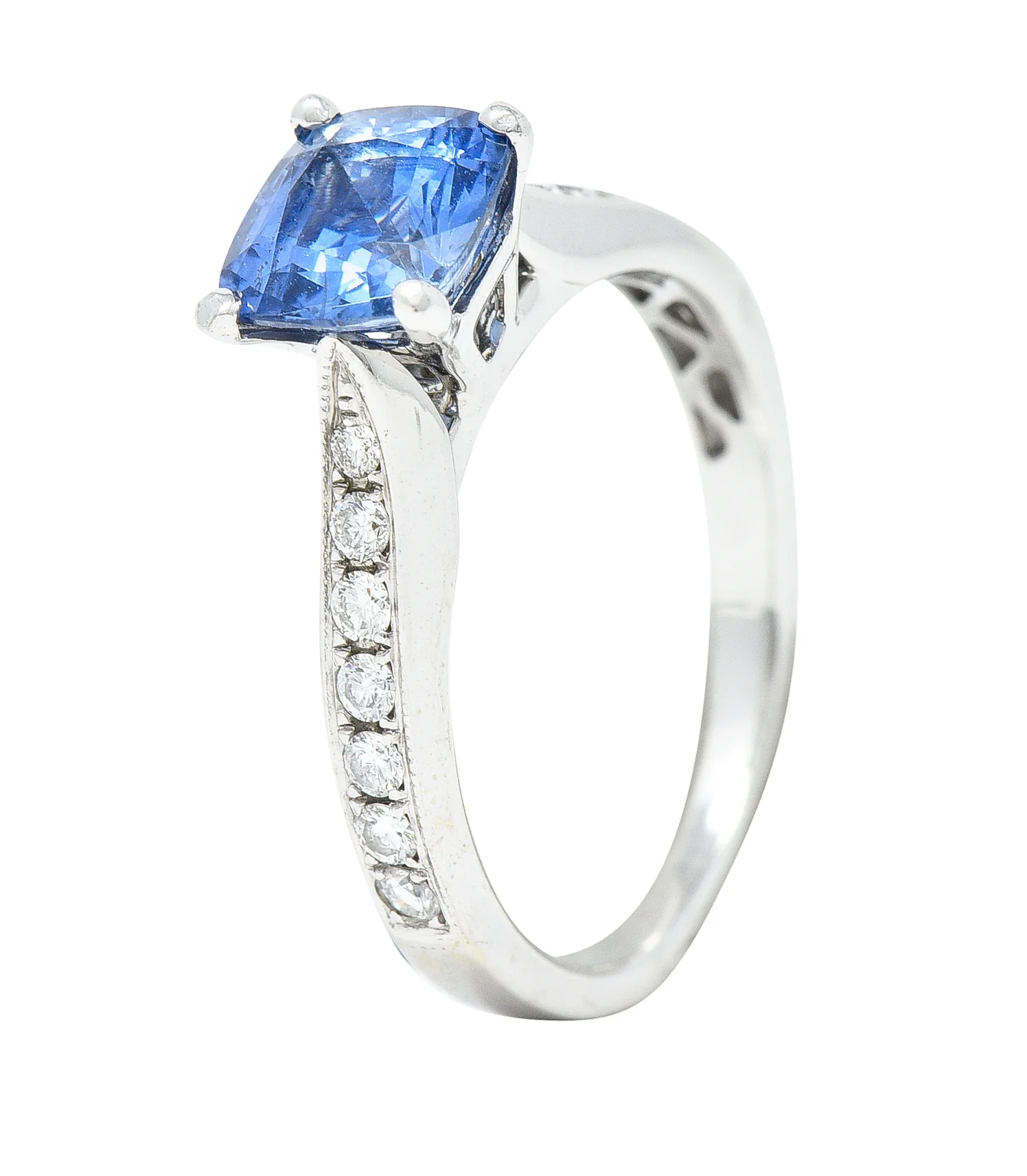 Contemporary 1.38 CTW Cushion Sapphire Diamond 18 Karat White Gold Gemstone Ring - Image 7