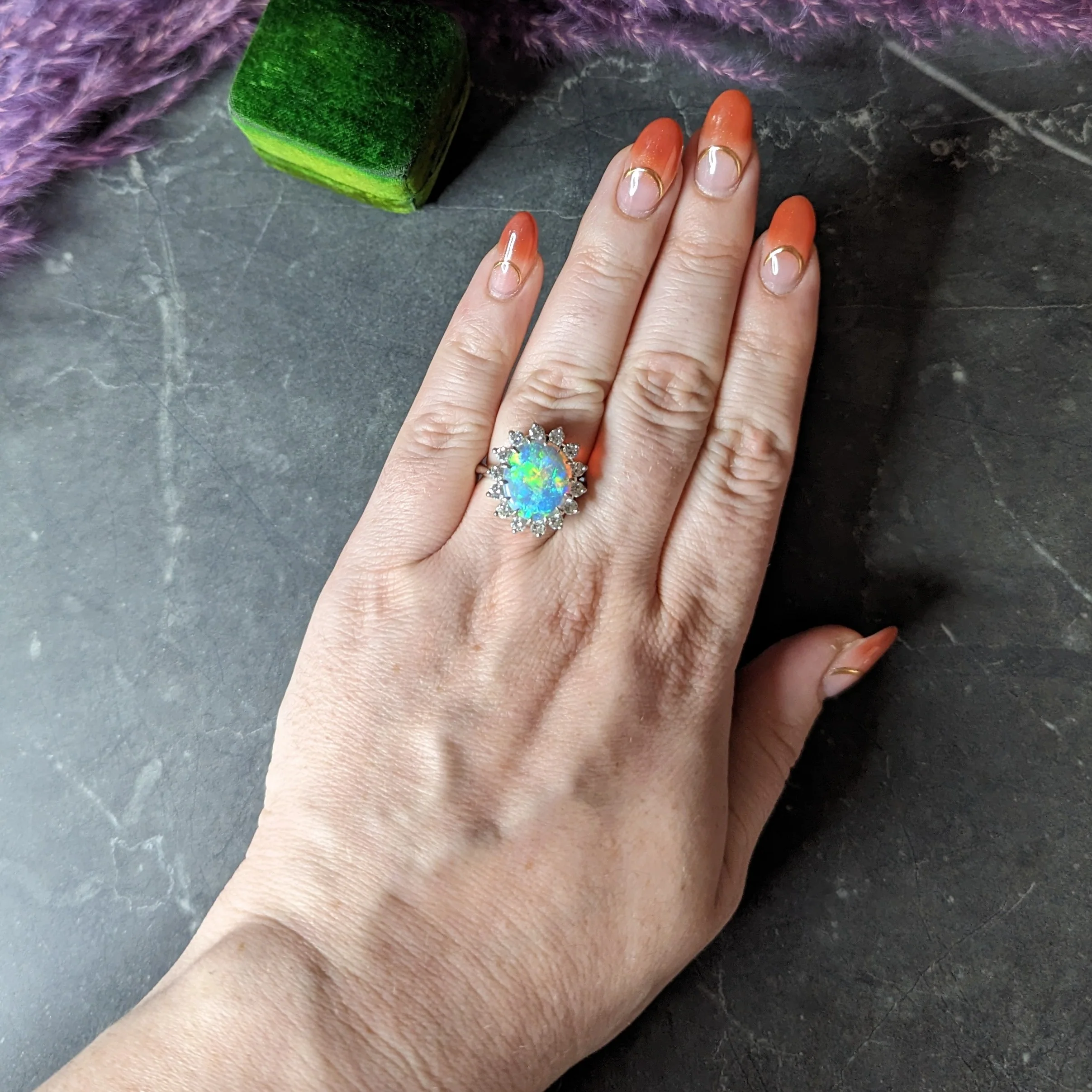 Contemporary 1.40 CTW Diamond Opal 14 Karat White Gold Halo Cluster Ring - Image 13