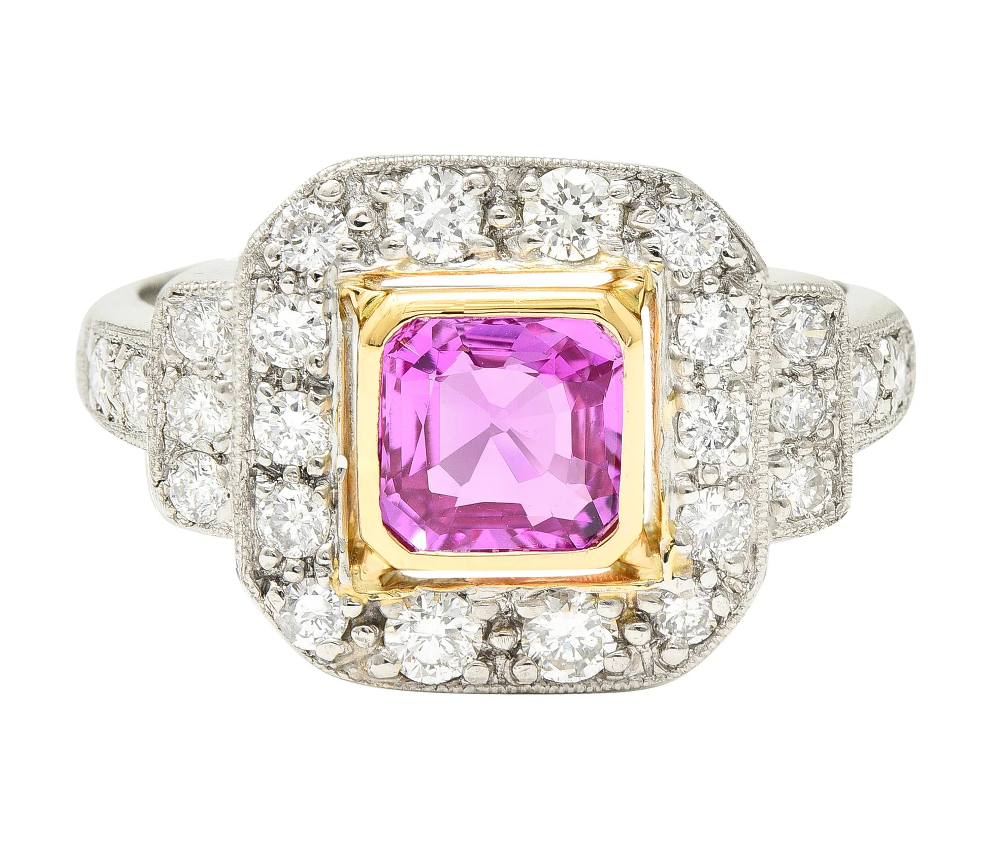 Contemporary 1.46 CTW Cushion Cut Pink Sapphire Diamond Platinum 18 Karat Yellow Gold Halo Gemstone Ring