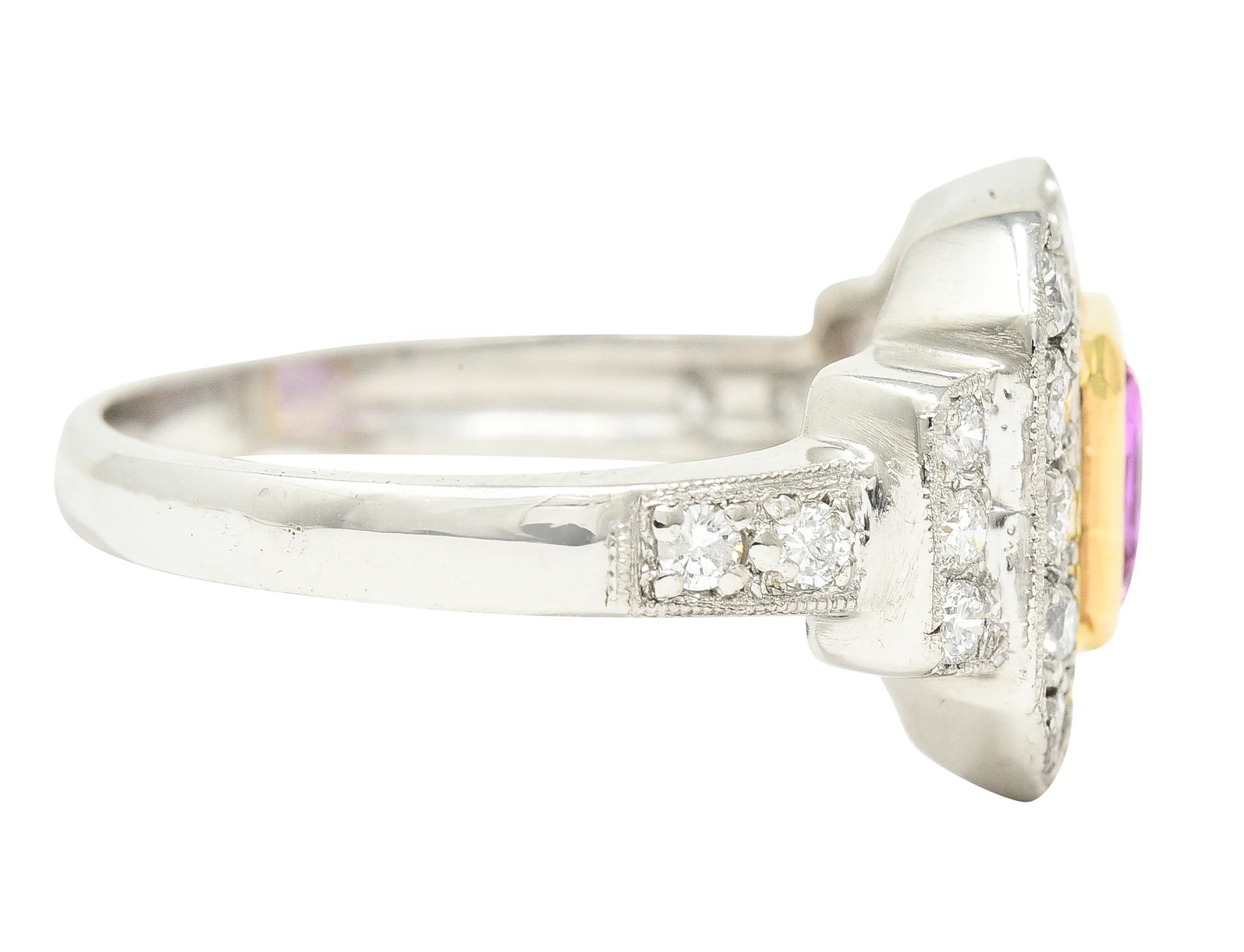 Contemporary 1.46 CTW Cushion Cut Pink Sapphire Diamond Platinum 18 Karat Yellow Gold Halo Gemstone Ring - Image 3