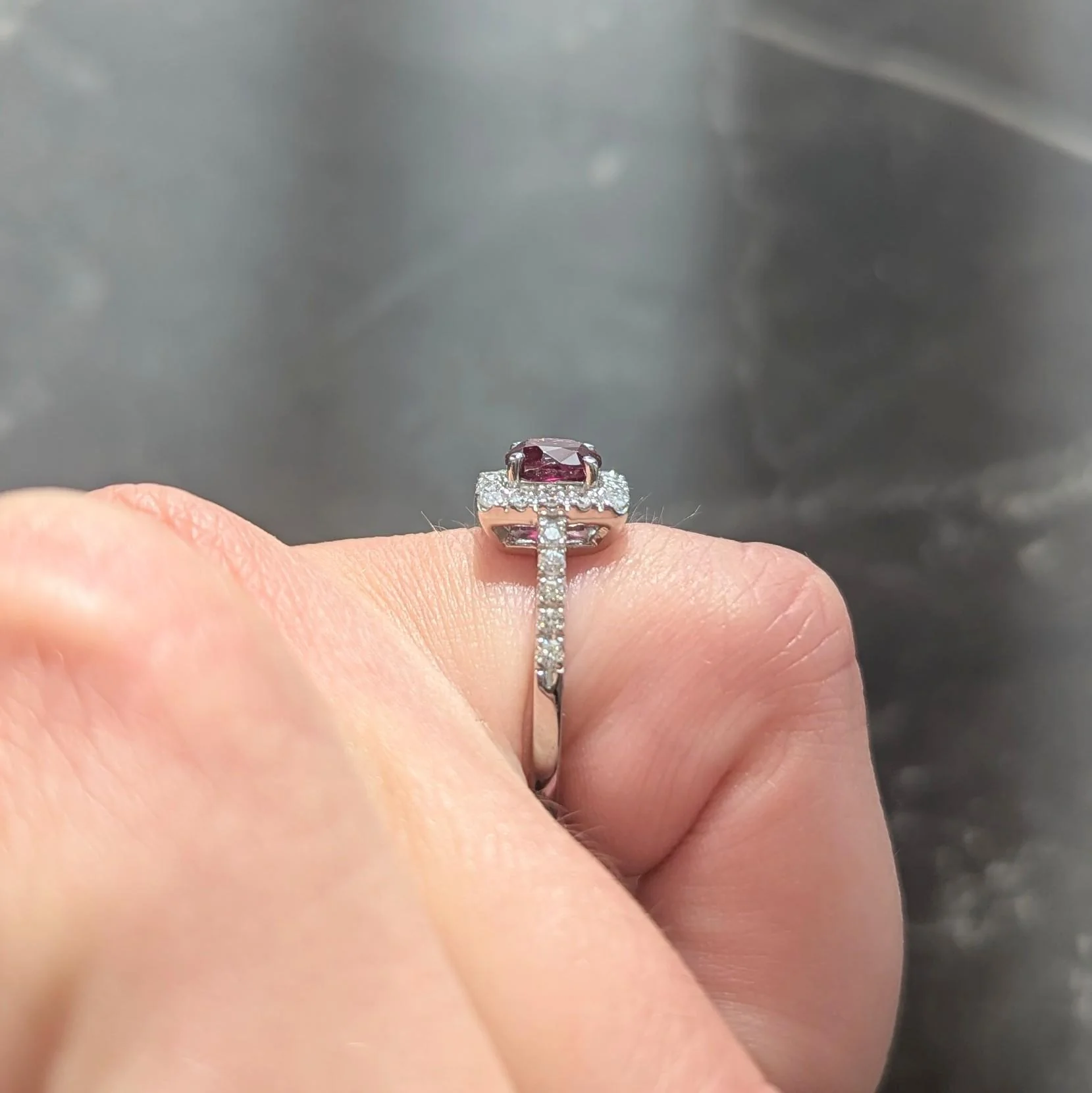 Contemporary 1.47 CTW Cushion Cut Ruby Diamond Platinum Square Halo Ring - Image 10