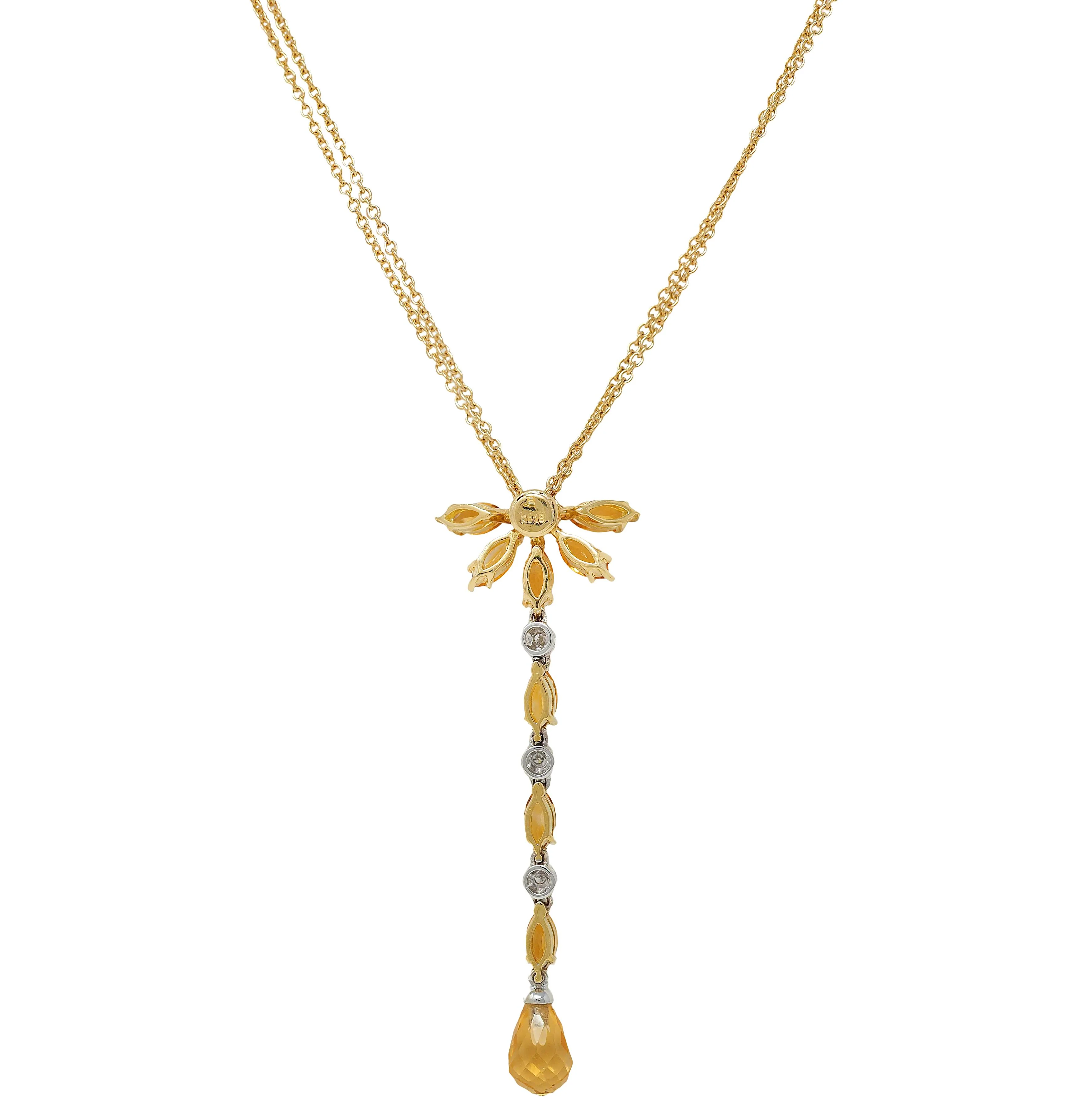 Contemporary 1.50 CTW Citrine Diamond 18 Karat Two-Tone Gold Drop Necklace - Image 5