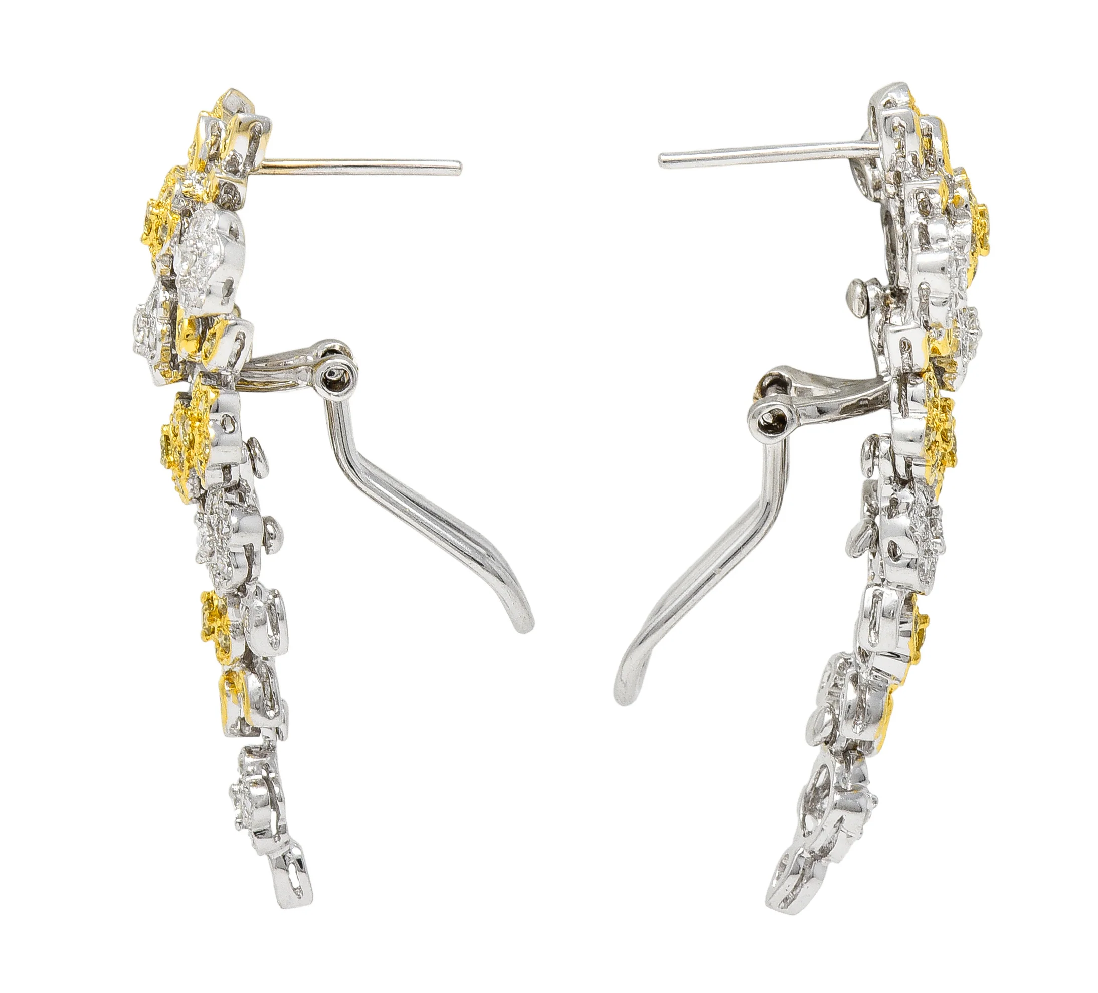 Contemporary 1.58 CTW Fancy Yellow Diamond 18 Karat Two-Tone Gold Floral Cluster Earrings - Image 4