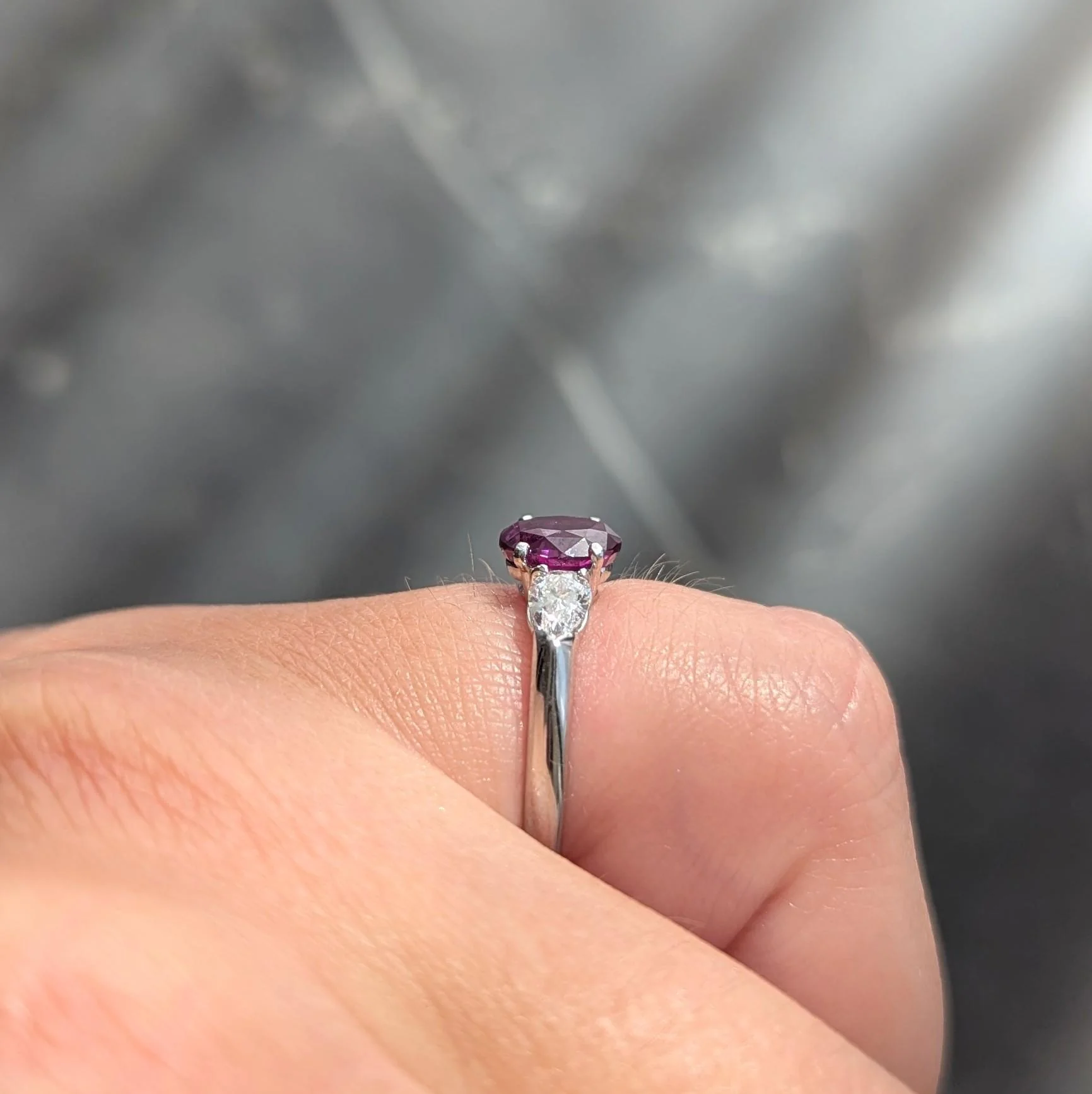 Contemporary 1.60 CTW Pink Sapphire Diamond Platinum Three Stone Ring - Image 11