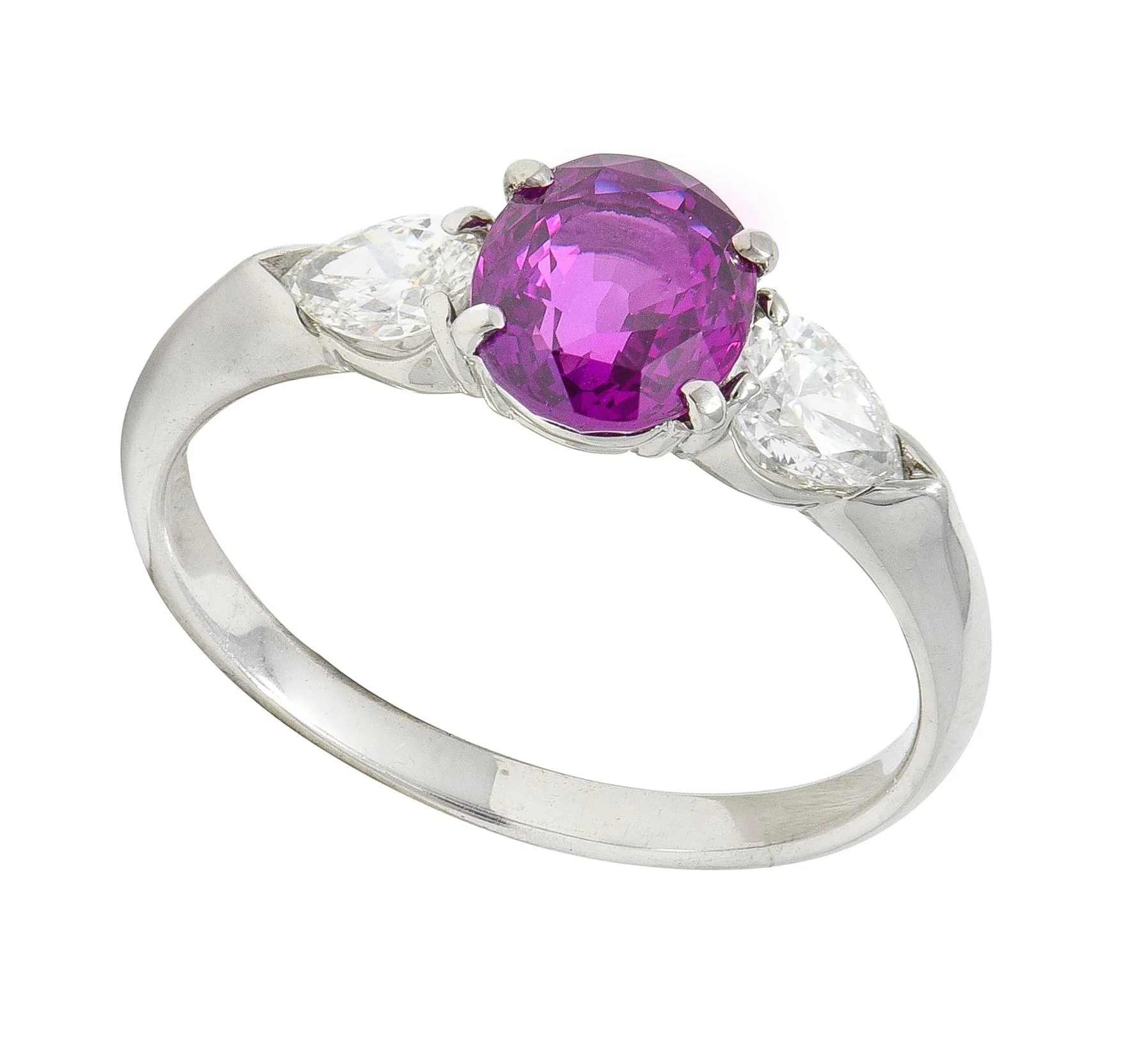 Contemporary 1.60 CTW Pink Sapphire Diamond Platinum Three Stone Ring - Image 8