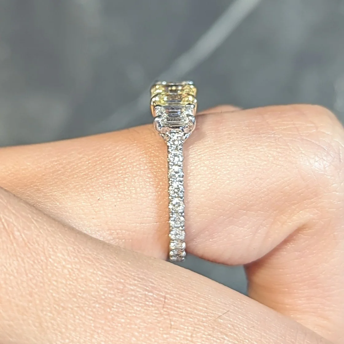 Contemporary 1.61 CTW Fancy Yellow Emerald Cut Diamond Platinum 18 Karat Numerical Engagement Ring - Image 14