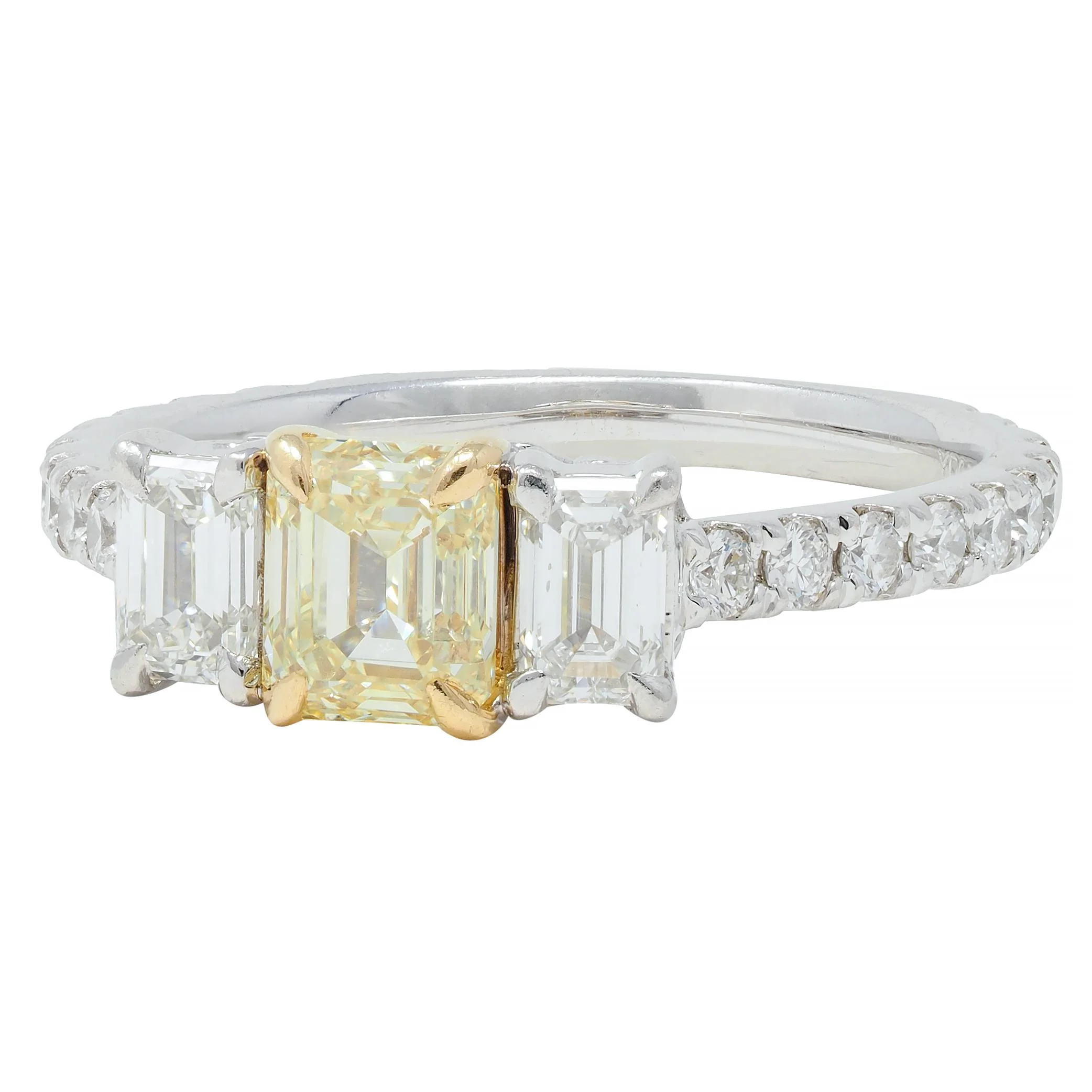 Contemporary 1.61 CTW Fancy Yellow Emerald Cut Diamond Platinum 18 Karat Numerical Engagement Ring - Image 5
