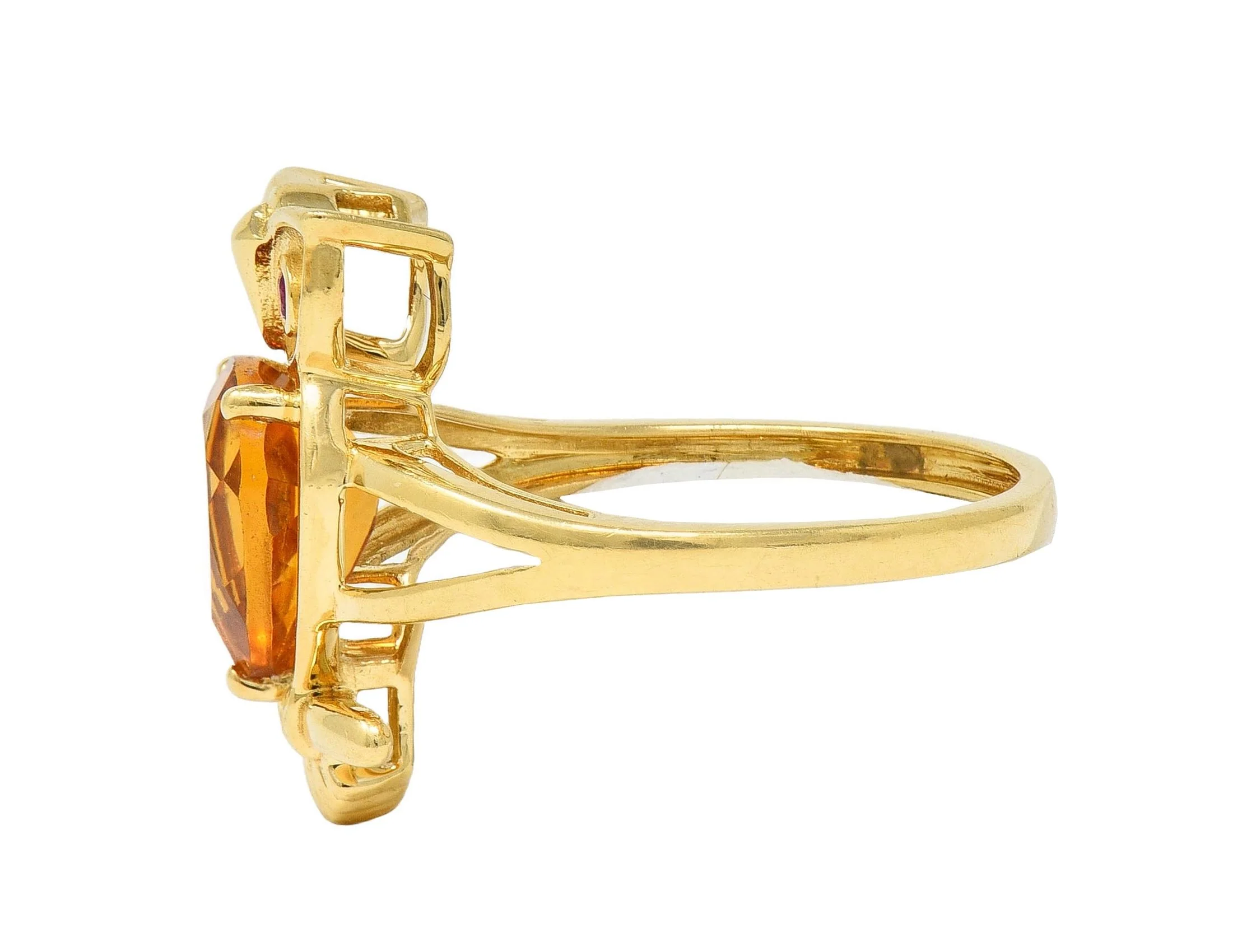 Contemporary 1.63 CTW Citrine Ruby 18 Karat Yellow Gold Owl Bird Ring - Image 5