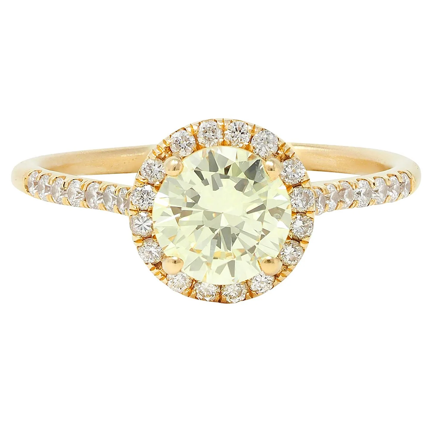 Contemporary 1.65 CTW Fancy Light Yellow Diamond 18 Karat Yellow Gold Halo Engagement Ring GIA
