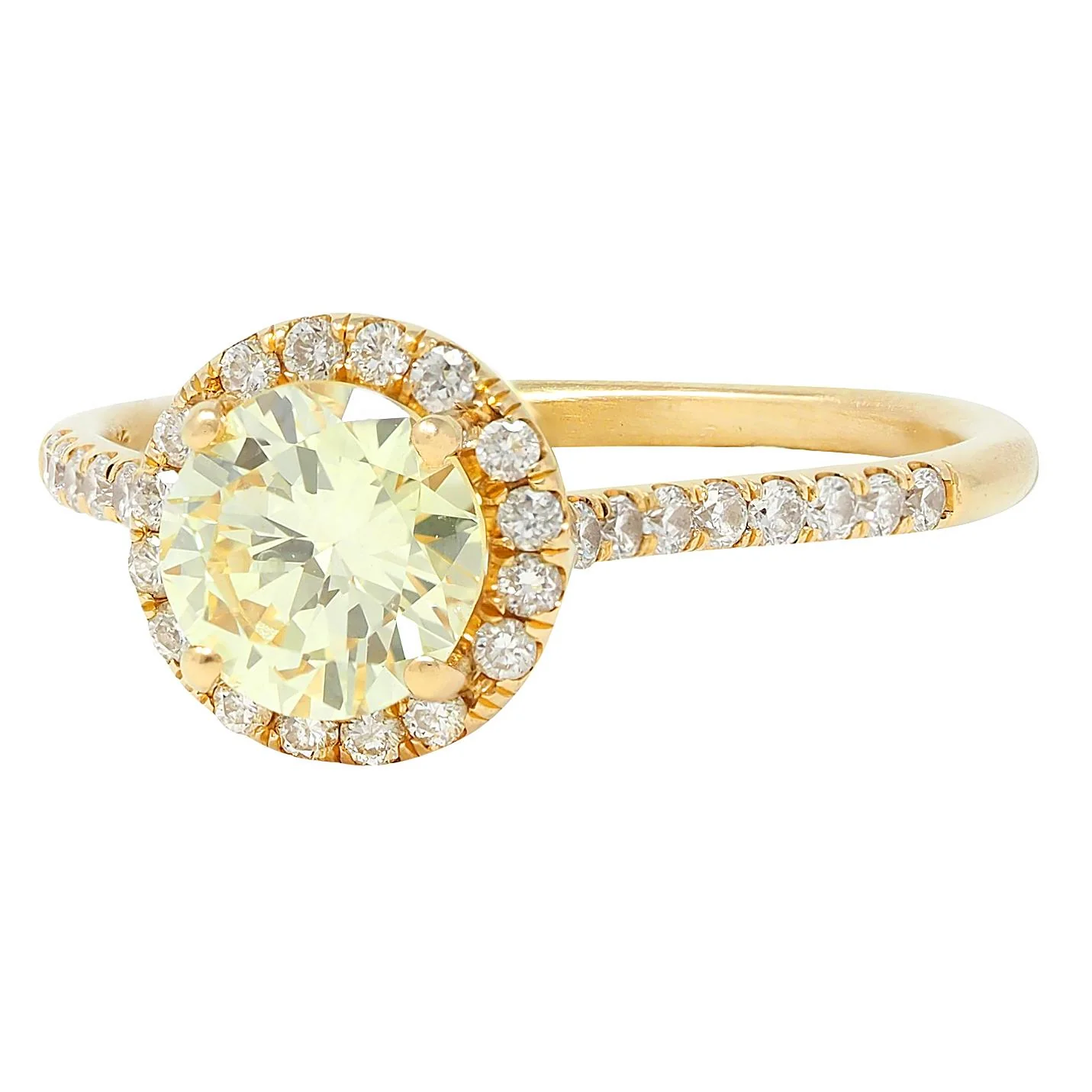 Contemporary 1.65 CTW Fancy Light Yellow Diamond 18 Karat Yellow Gold Halo Engagement Ring GIA - Image 6
