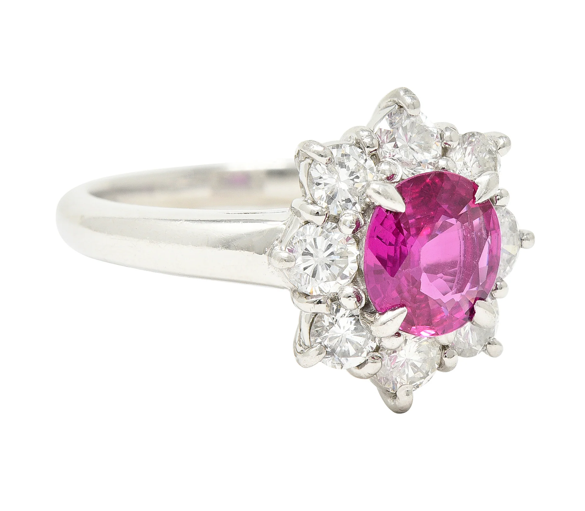 Contemporary 1.89 CTW Oval Cut Ruby Diamond Platinum Cluster Ring - Image 2