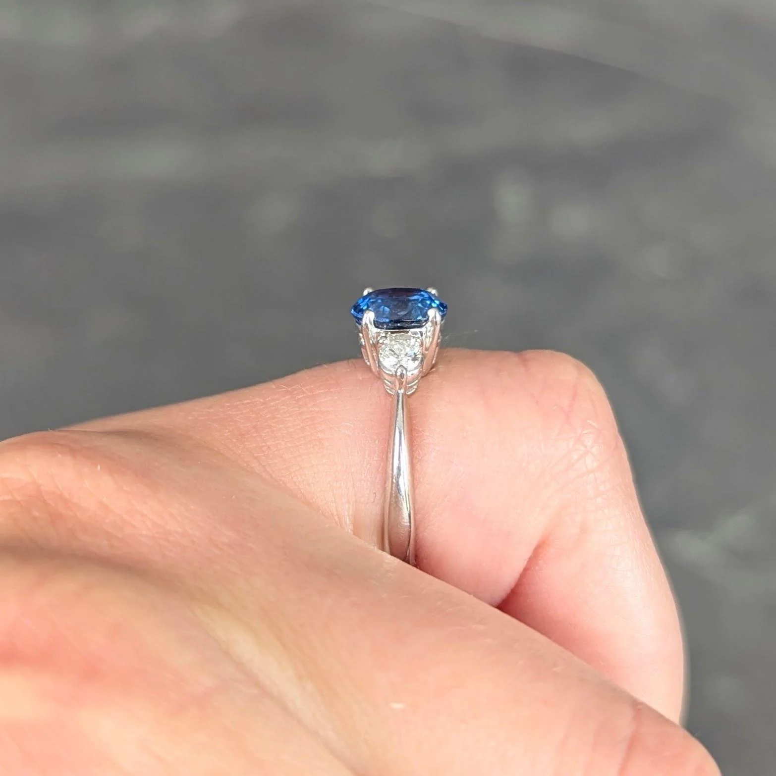 Contemporary 1.89 CTW Sapphire Diamond Platinum Three Stone Ring - Image 10
