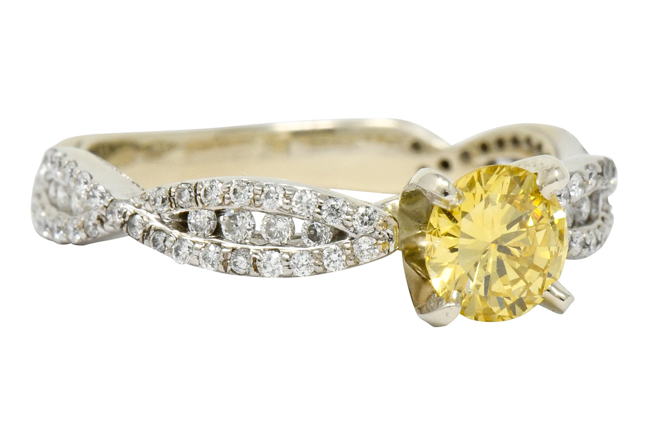 Contemporary 1.95 CTW Fancy Yellow Diamond 14 Karat White Gold Trellis Engagement Ring GIA - Image 2