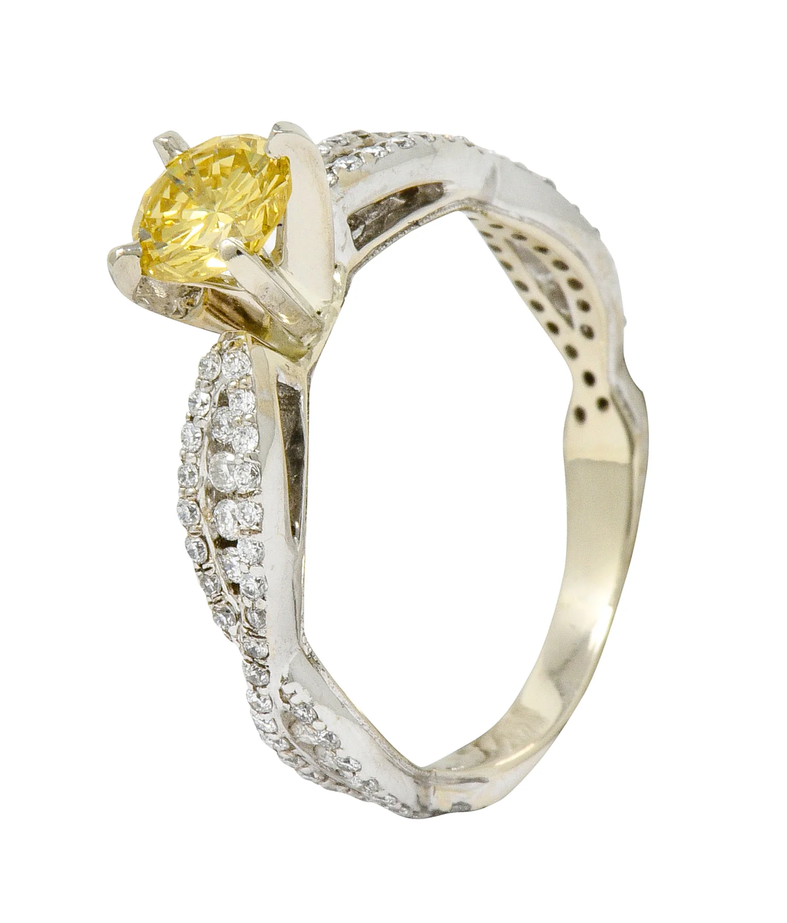 Contemporary 1.95 CTW Fancy Yellow Diamond 14 Karat White Gold Trellis Engagement Ring GIA - Image 9