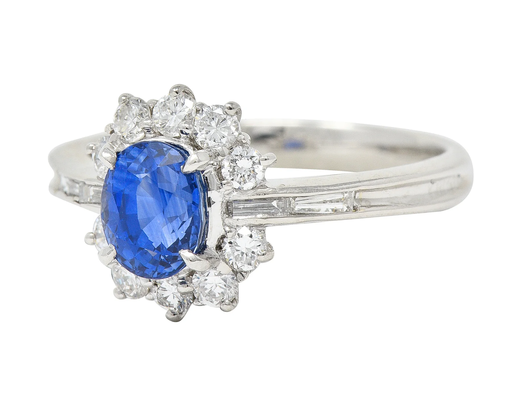 Contemporary 1.96 CTW Oval Cut Sapphire Diamond Platinum Cluster Ring - Image 5