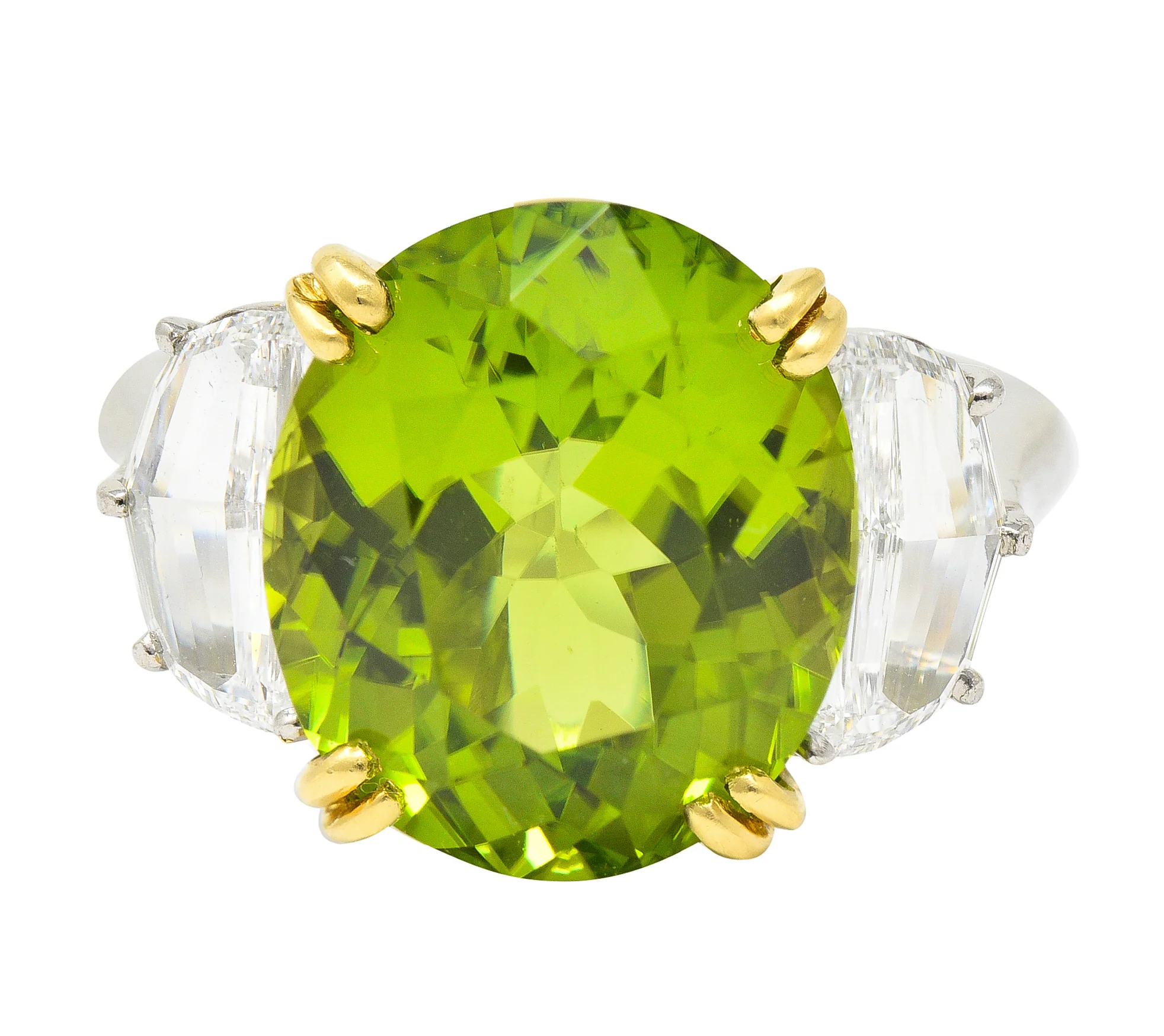 Contemporary 10.51 CTW Oval Cut Peridot Half Moon Step-Cut Diamond Platinum 18 Karat Yellow Gold Three Stone Ring