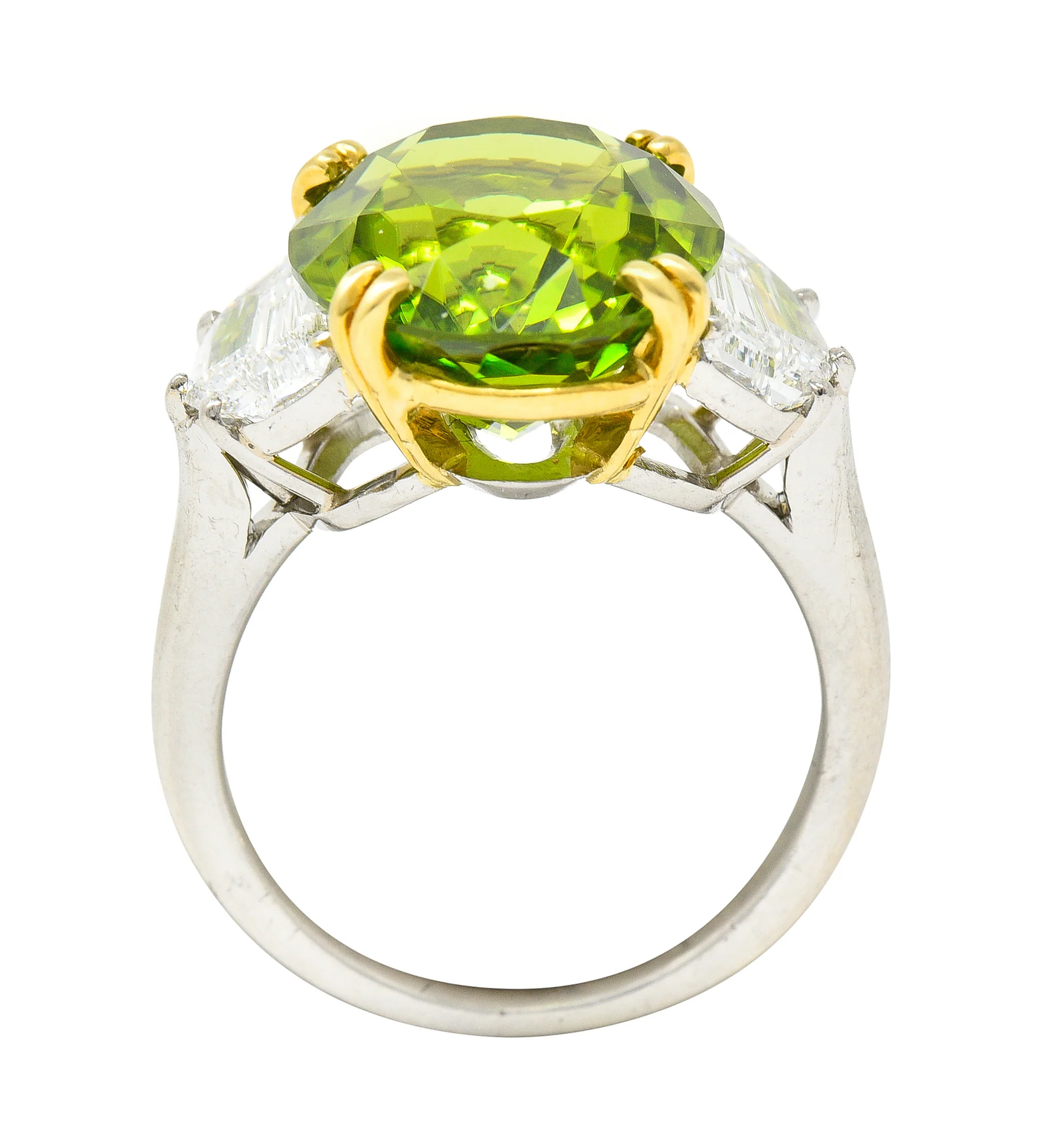 Contemporary 10.51 CTW Oval Cut Peridot Half Moon Step-Cut Diamond Platinum 18 Karat Yellow Gold Three Stone Ring - Image 9