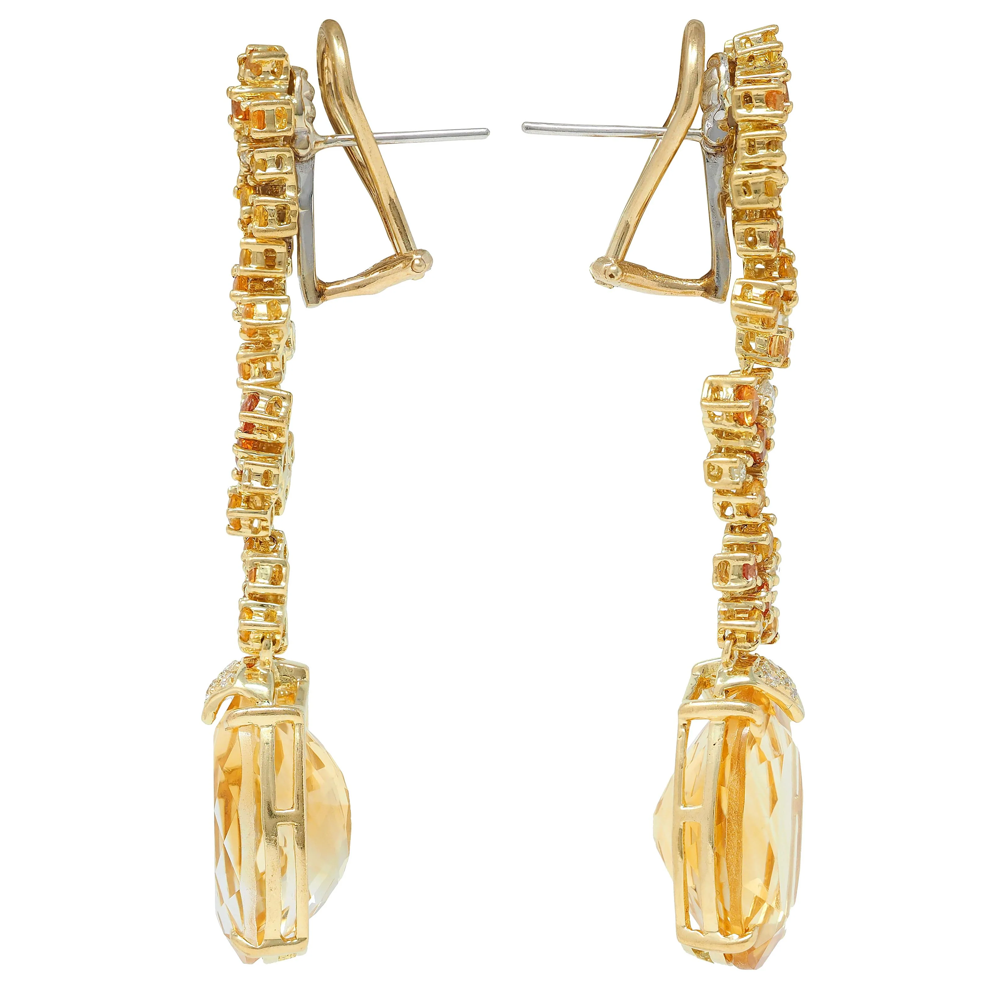 Contemporary 15.00 CTW Citrine Sapphire Diamond 18 Karat Yellow Gold Cluster Drop Earrings - Image 3