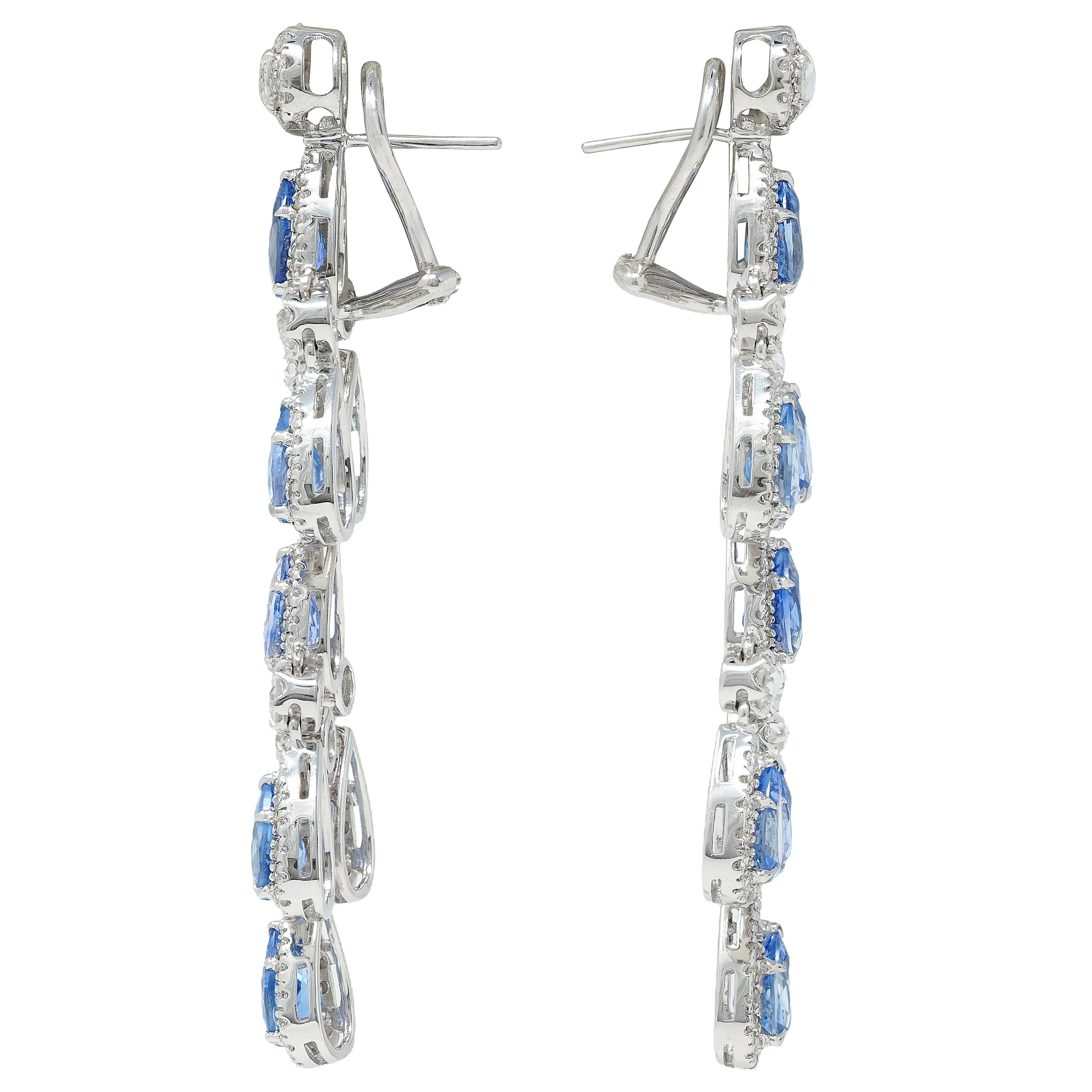Contemporary 17.72 CTW Blue Sapphire Diamond 18 Karat White Gold Chandelier Drop Earrings - Image 3