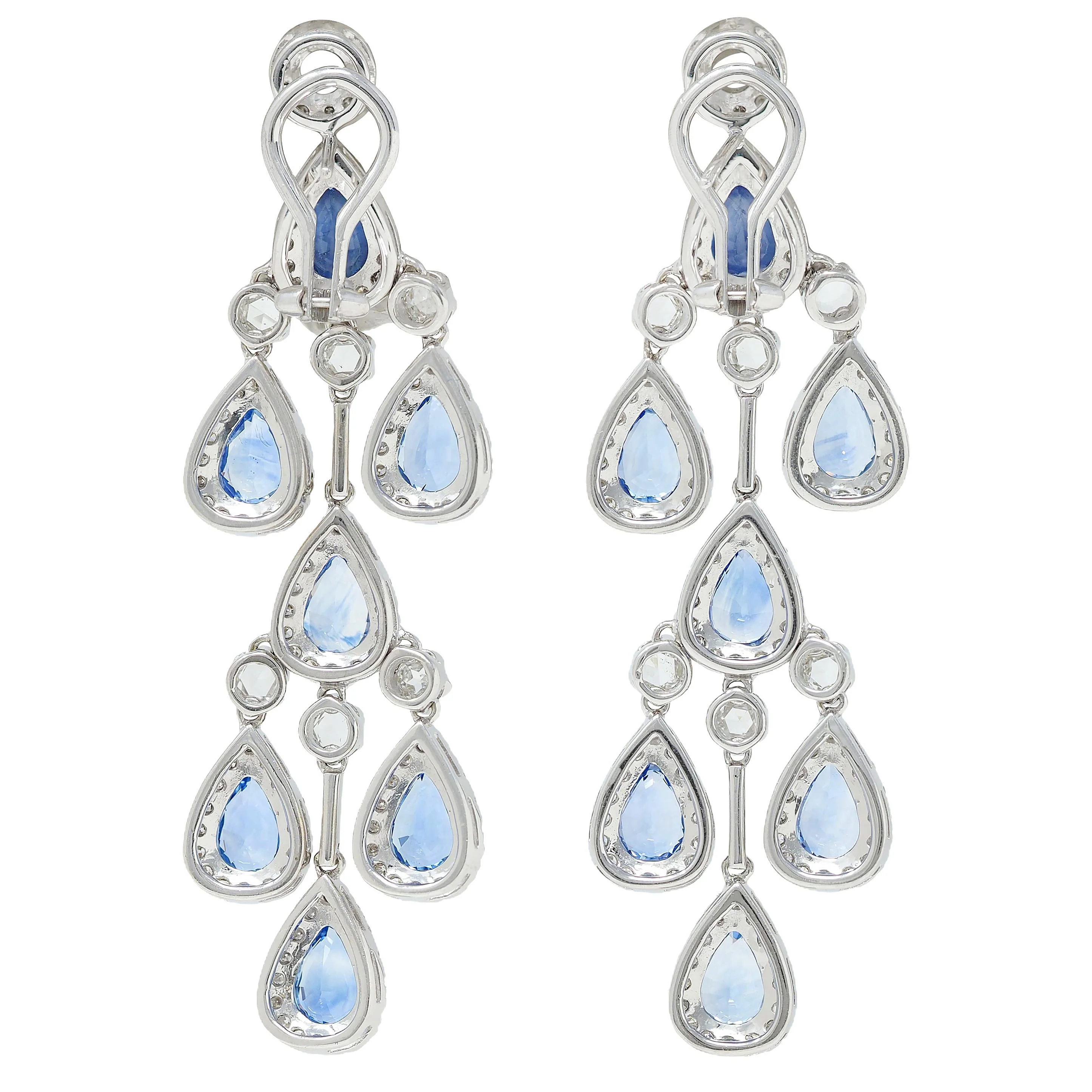 Contemporary 17.72 CTW Blue Sapphire Diamond 18 Karat White Gold Chandelier Drop Earrings - Image 4