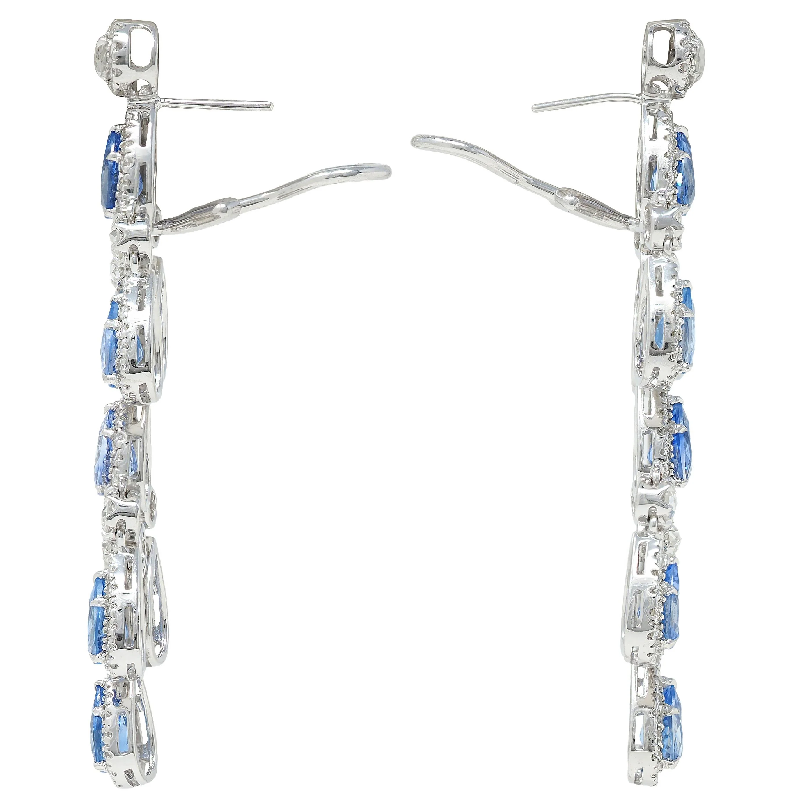 Contemporary 17.72 CTW Blue Sapphire Diamond 18 Karat White Gold Chandelier Drop Earrings - Image 5